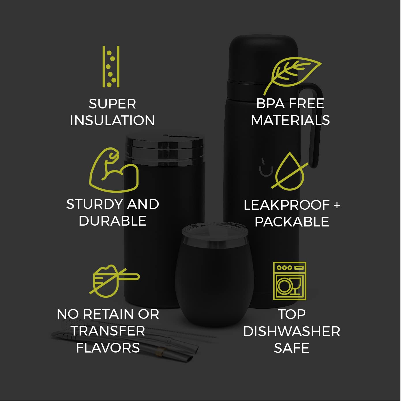 BALIBETOV Mate Cup Set – Modern Gourd, Thermal Bottle, Yerba Container (Yerbero), Bombilla (Straw) and Cleaning Brush – 304 18/8 Stainless Steel (Black)