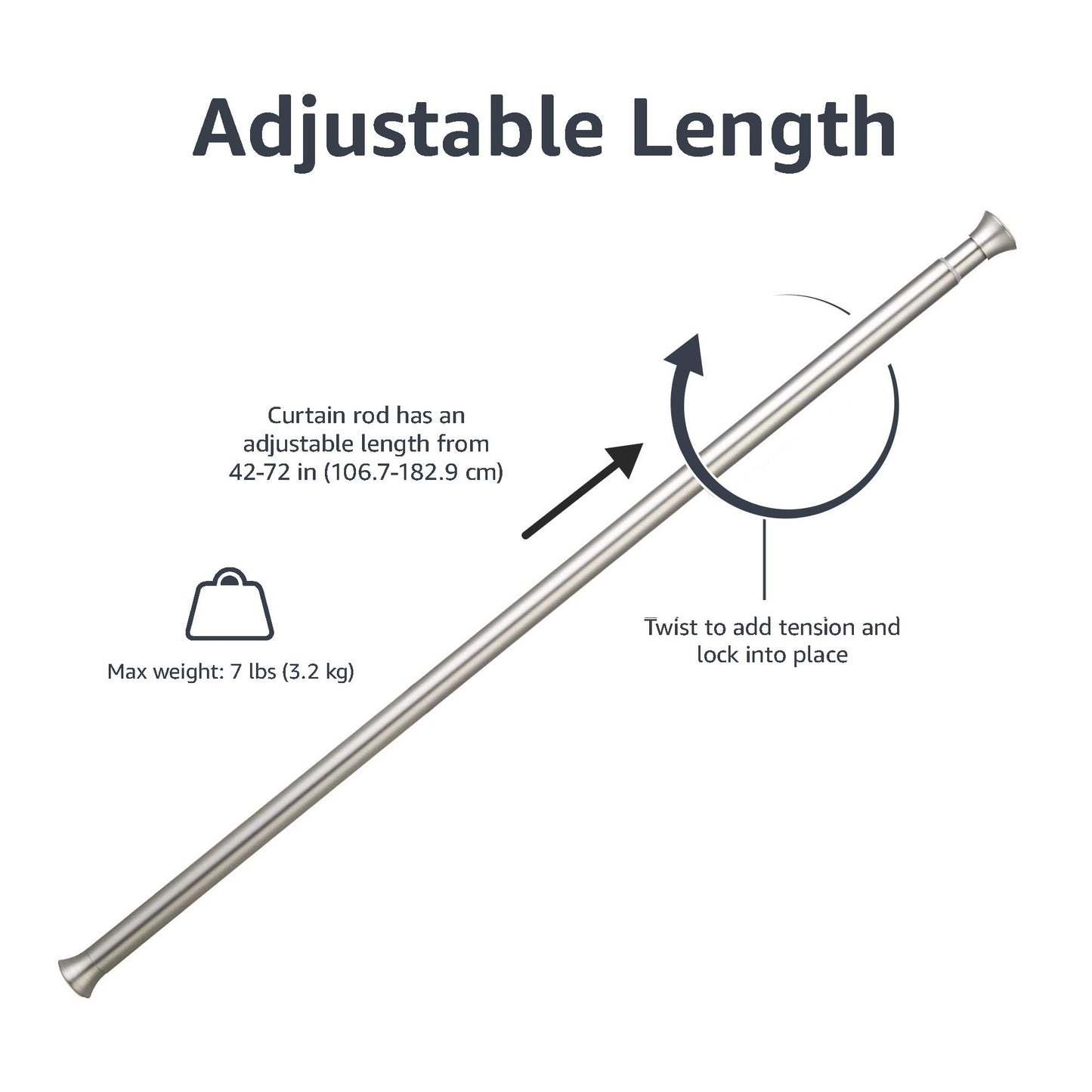 Amazon Basics Easy Install Shower Curtain Tension Rod, Adjustable Length, 106.68-182.88 cm, Nickel
