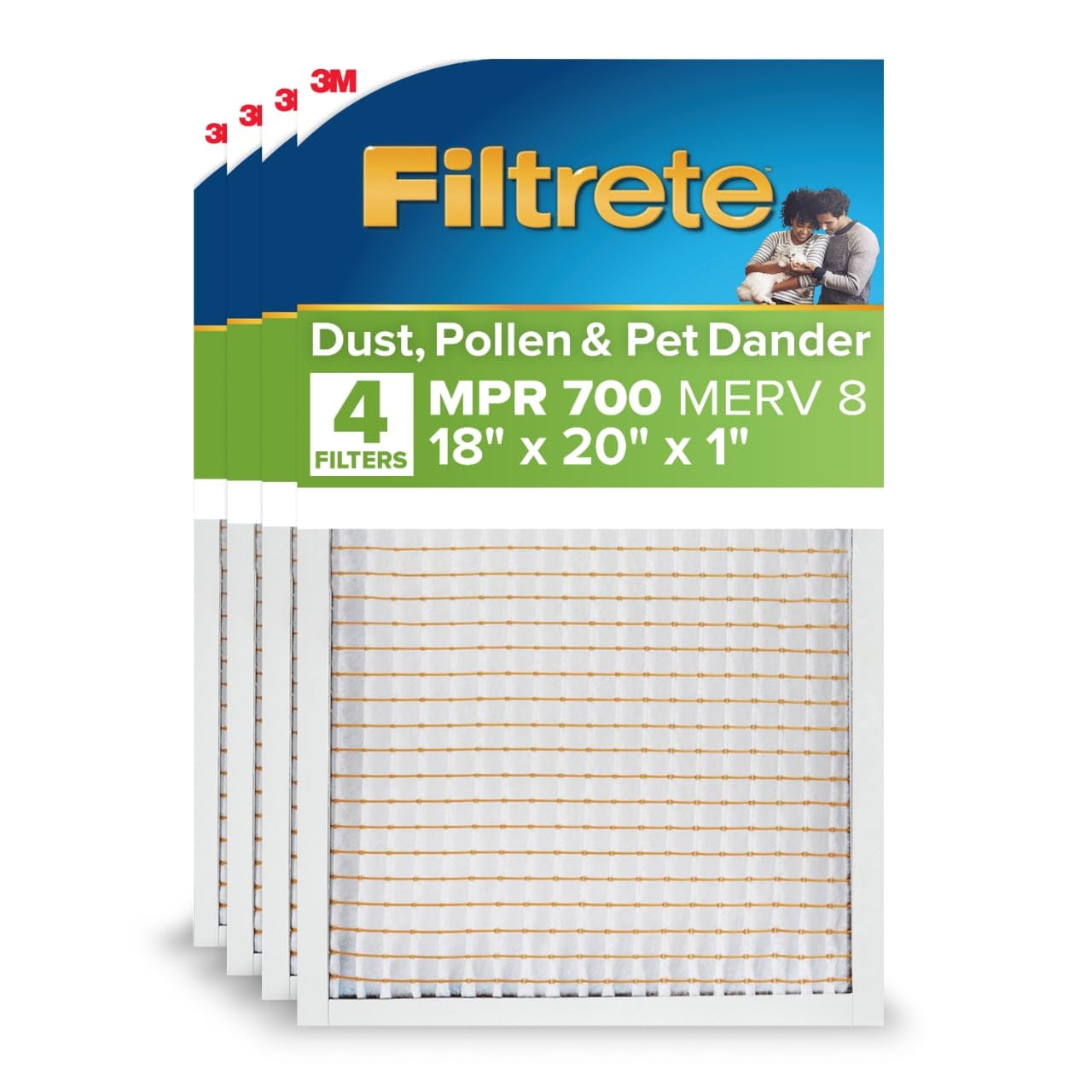 Filtrete 18x20x1 AC Furnace Air Filter, MPR 700, MERV 8, Tough on Pollen, Easy on Airflow, 3-Month Pleated 1-Inch Electrostatic Air Cleaning Filter, 4-Pack (Actual Size 17.81 x 19.81 x 0.81 in)