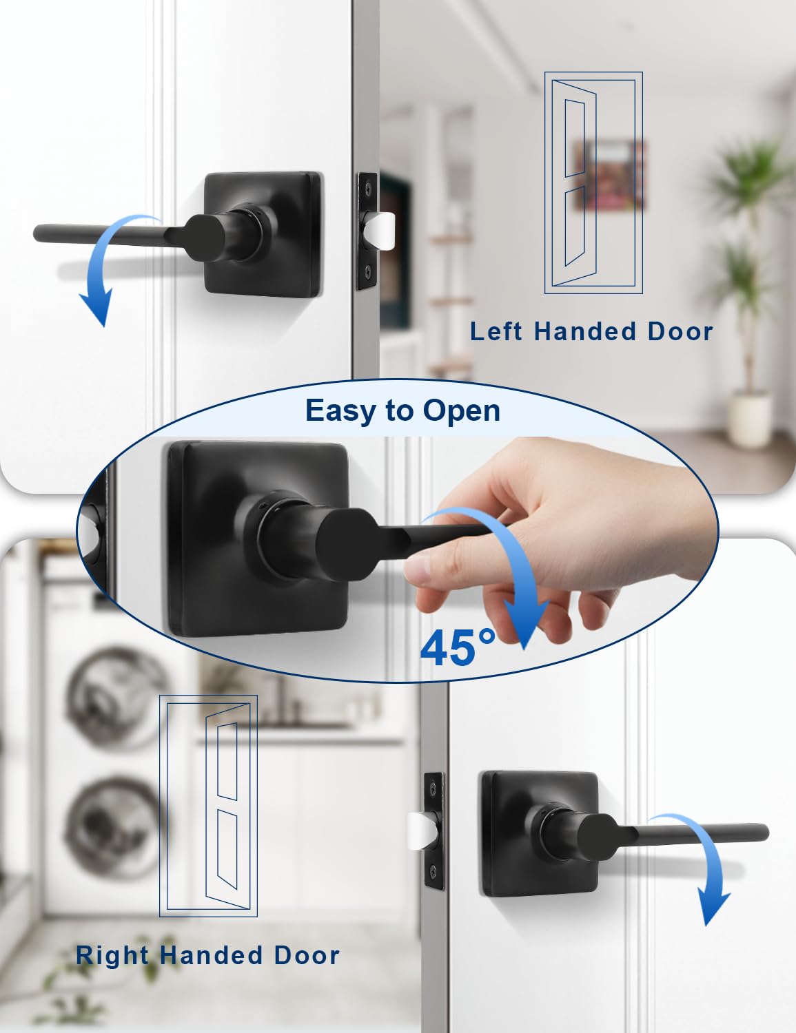 Mengico 6 Pack Modern Square Passage Door Handles Matte Black, Non-Locking Keyless Square Door Levers, Interior Door Handles for Closet and Hallway, Reversible for Left/Right Handed