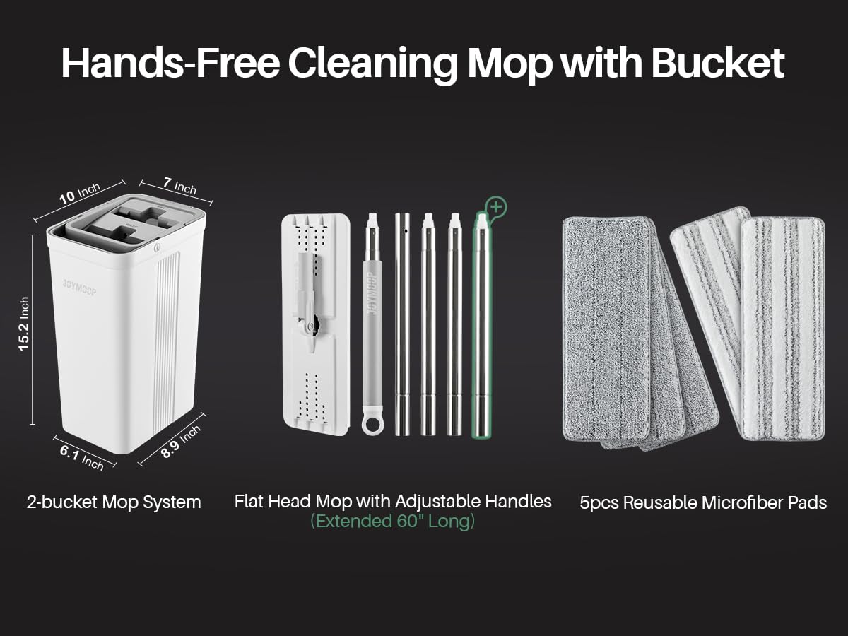 JOYMOOP Mop and Bucket with Wringer Set, White Flat Squeeze Mop Bucket Set for Floor Cleaning, Wet Dry Mop for Walls, Wall Cleaner with Long Handle, Hardwood Floor Mop - 5 Microfiber Cloths