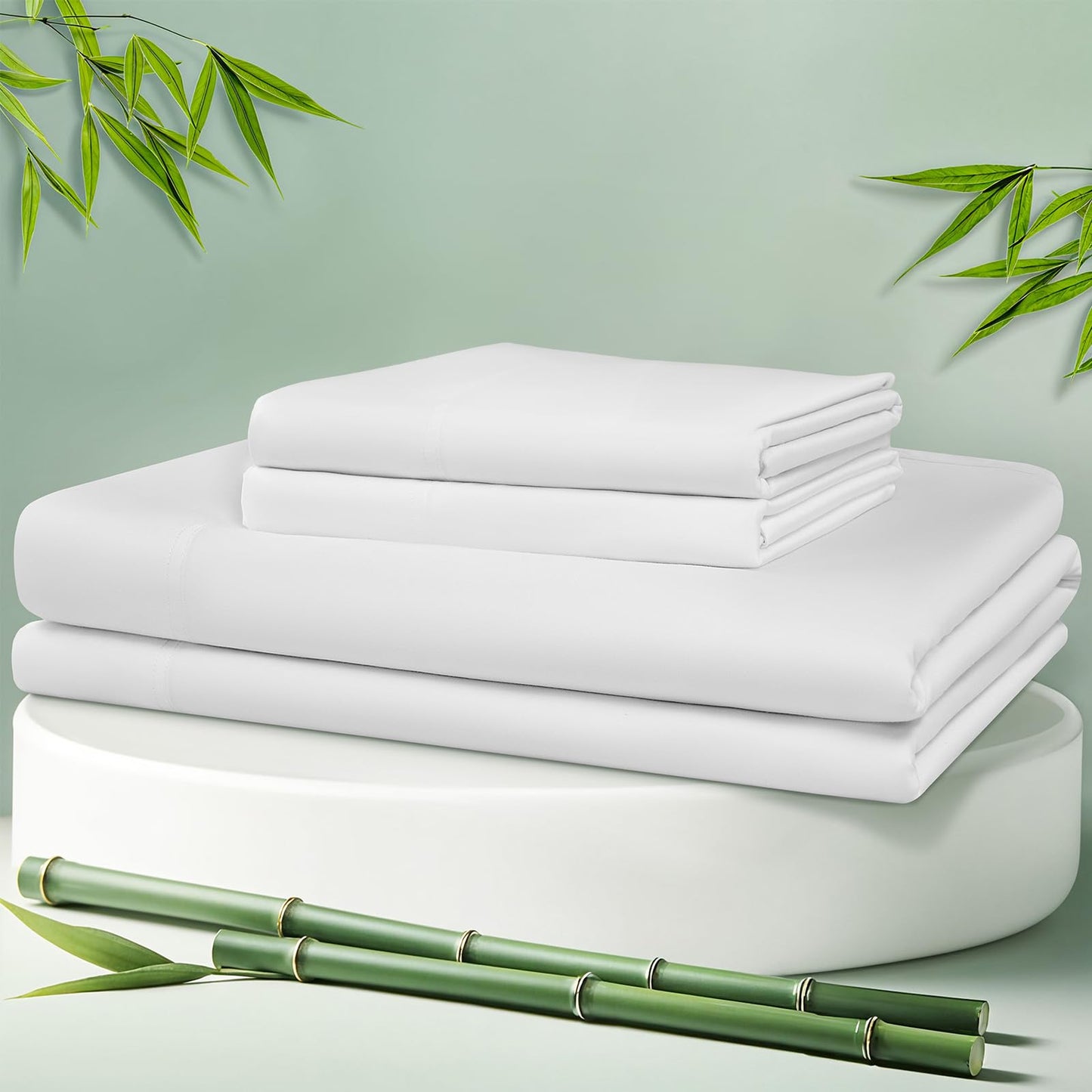 LBRO2M 100% Rayon Derived from Bamboo Sheets Queen Set Cooling Sheets 4 Piece Sheet Set, 1800 Thread Count Sheet Deep Pocket Sheet Set Up to 16 Inch Super Soft Silky Smooth (Queen, White)