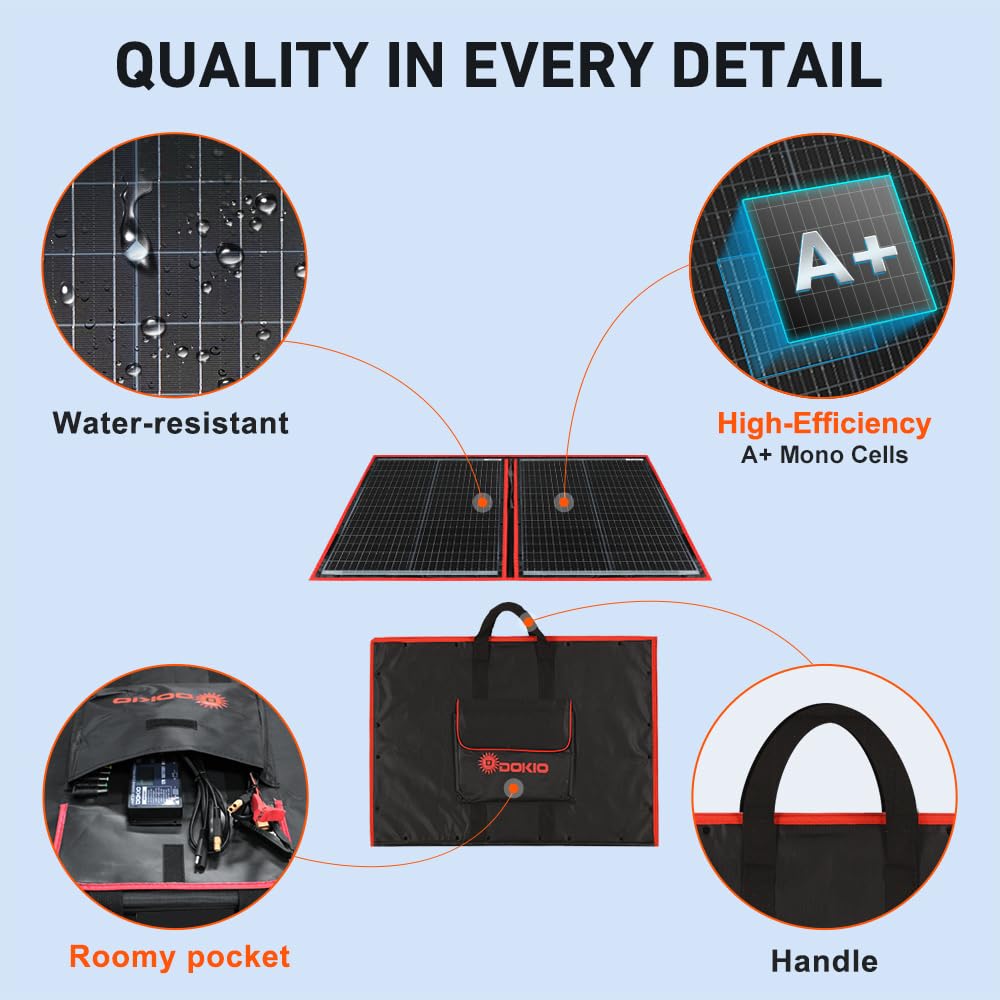 DOKIO 110w 18v Portable Foldable Solar Panel Kit (21x28inch, 5.9lb) Solar Charger With Controller 2 Usb Output To Charge 12v Batteries/Power Station (AGM, Lifepo4) Rv Camping Trailer Emerge……
