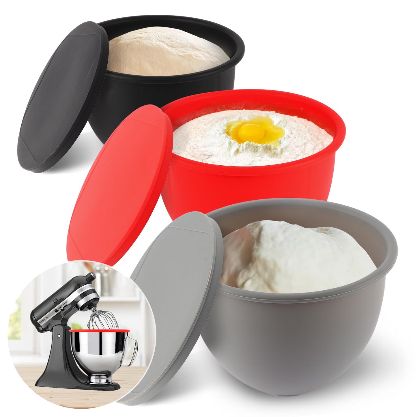 Silicone Mixing Bowl Liners Attachments Compatible with 5 Quart KitchenAid Mixers, Includes 3 Liners and Lids,Dishwasher Safe