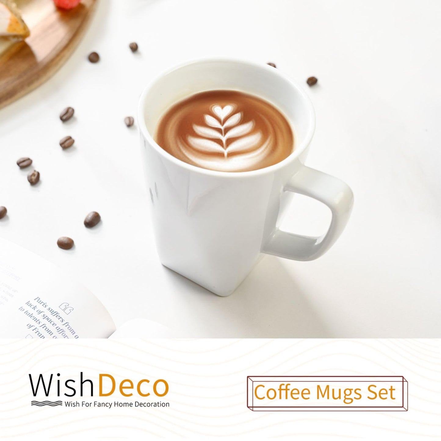 WishDeco White Coffee Mugs Set of 6, Ceramic Coffee Cups 14 oz / 400 ml, Modern Tea Mugs, Porcelain Tea Cups, Large Mug for Latte, Cappuccino, Milk, Juice, Square Bottom, Microwave and Dishwasher Safe
