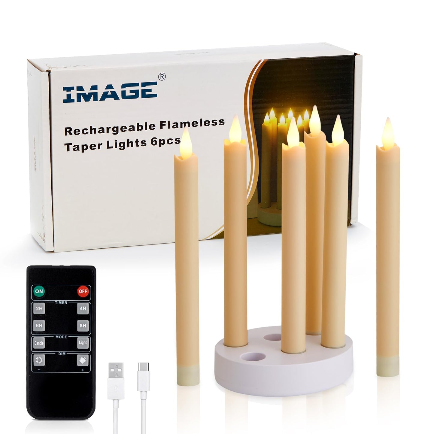 IMAGE Rechargeable Flameless Taper Candles with Charging Station, LED Flickering Candlesticks with Remote & Timer, 9.17 Inch Perfect for Home/Wedding/Christmas Decor,6PCS