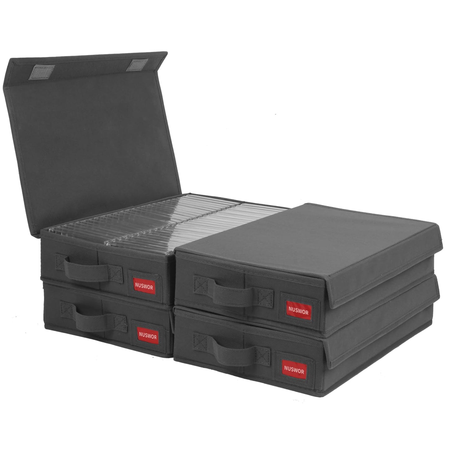 NUSWOR Stackable Tape Storage Boxes - Dust-proof Racks with Lid - Audio Cassette Holder Pack of 4- Holds 192 Cases - 16.34 x 9.25 x 3.4 Inches Grey