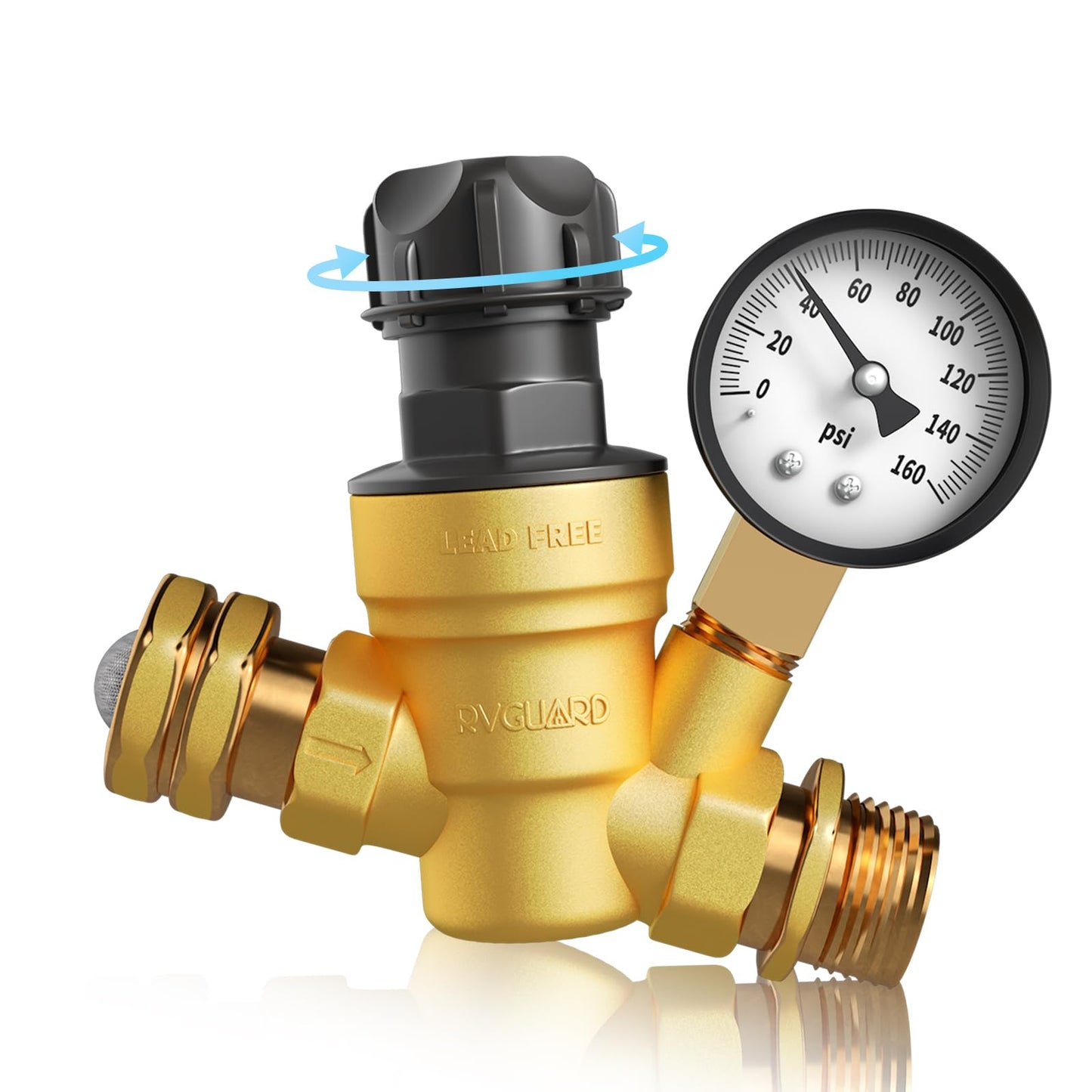 RVGUARD RV Water Pressure Regulator Valve With An Adjustable Knob, NO Tool Required, Brass Lead-Free Water Pressure Reducer with Gauge and Inlet Screen Filter for RV Camper Travel Trailer RGWPR-H