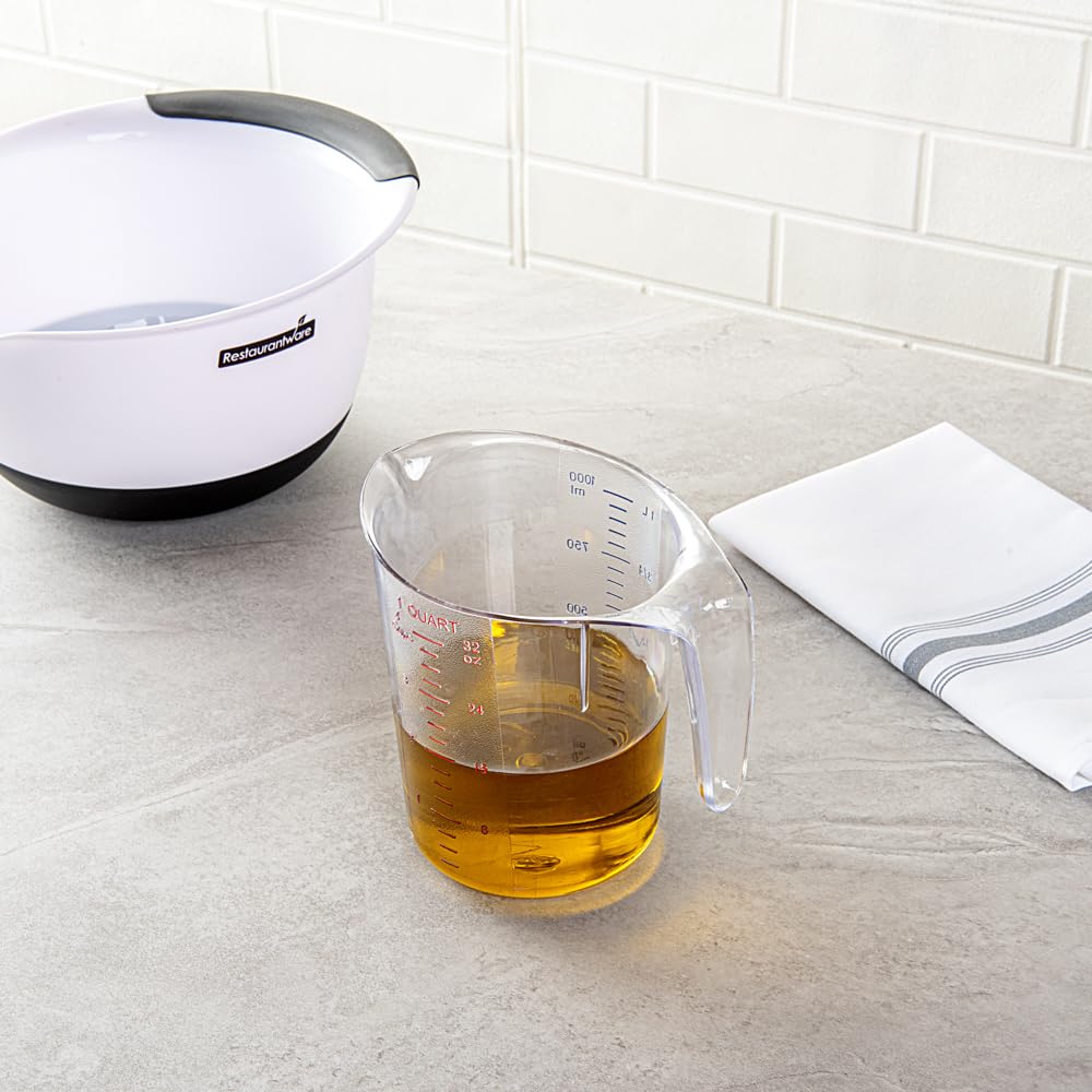 Restaurantware-Chef 101 1 Quart Measuring Jars, 10 Durable Measuring Beakers - Metric and Imperial Units, V-Shaped Spout, Clear Plastic Cups, Handle with Thumb-Grip, Tolerates Up to 248F