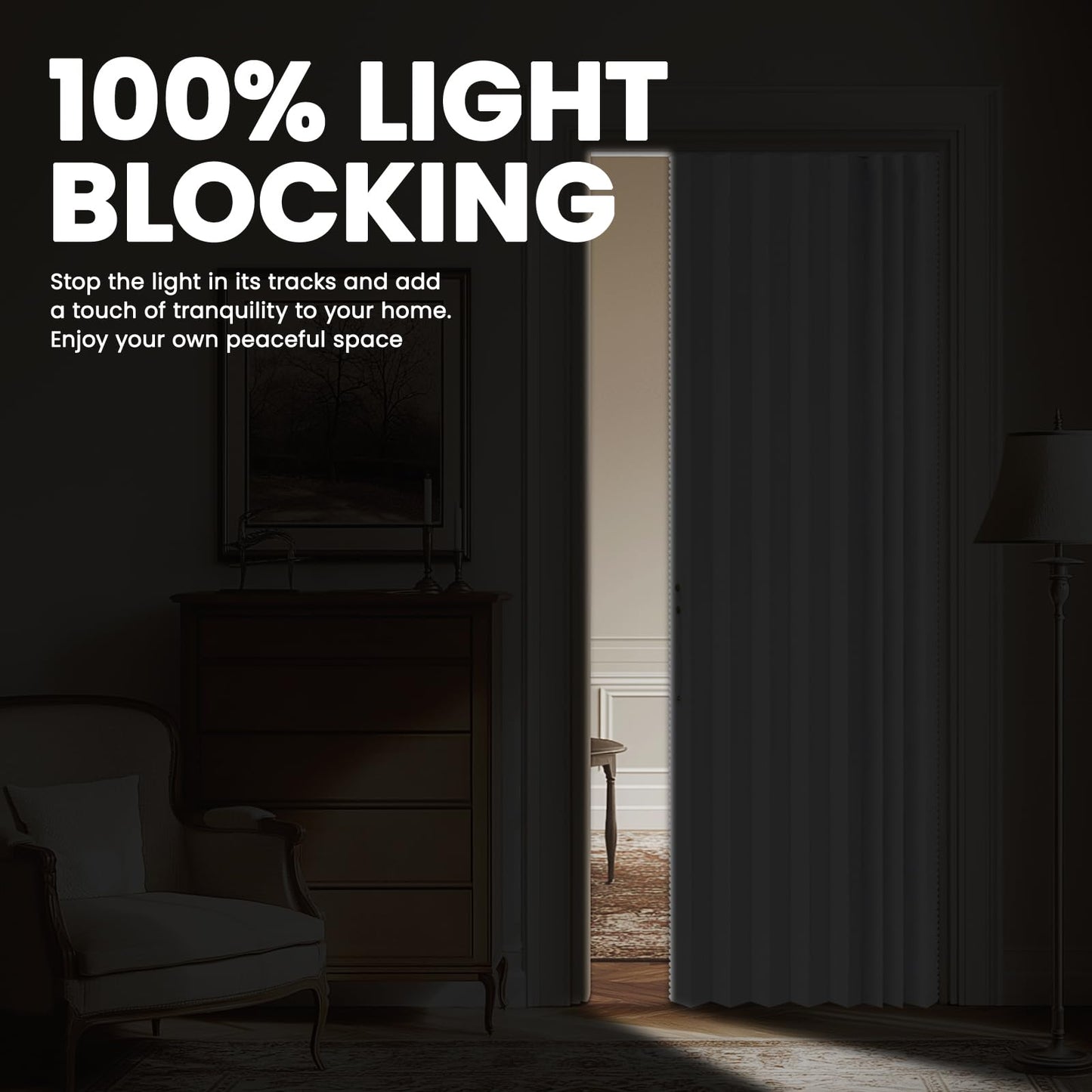 AJAZZ 100% Blackout Magnetic Door Curtain Patio Door Curtain Invisible Folding Door for Bedroom Living Room Accordion Doorway Curtain Sets Included Tracks (1Panel, 43W x 79 L, White)