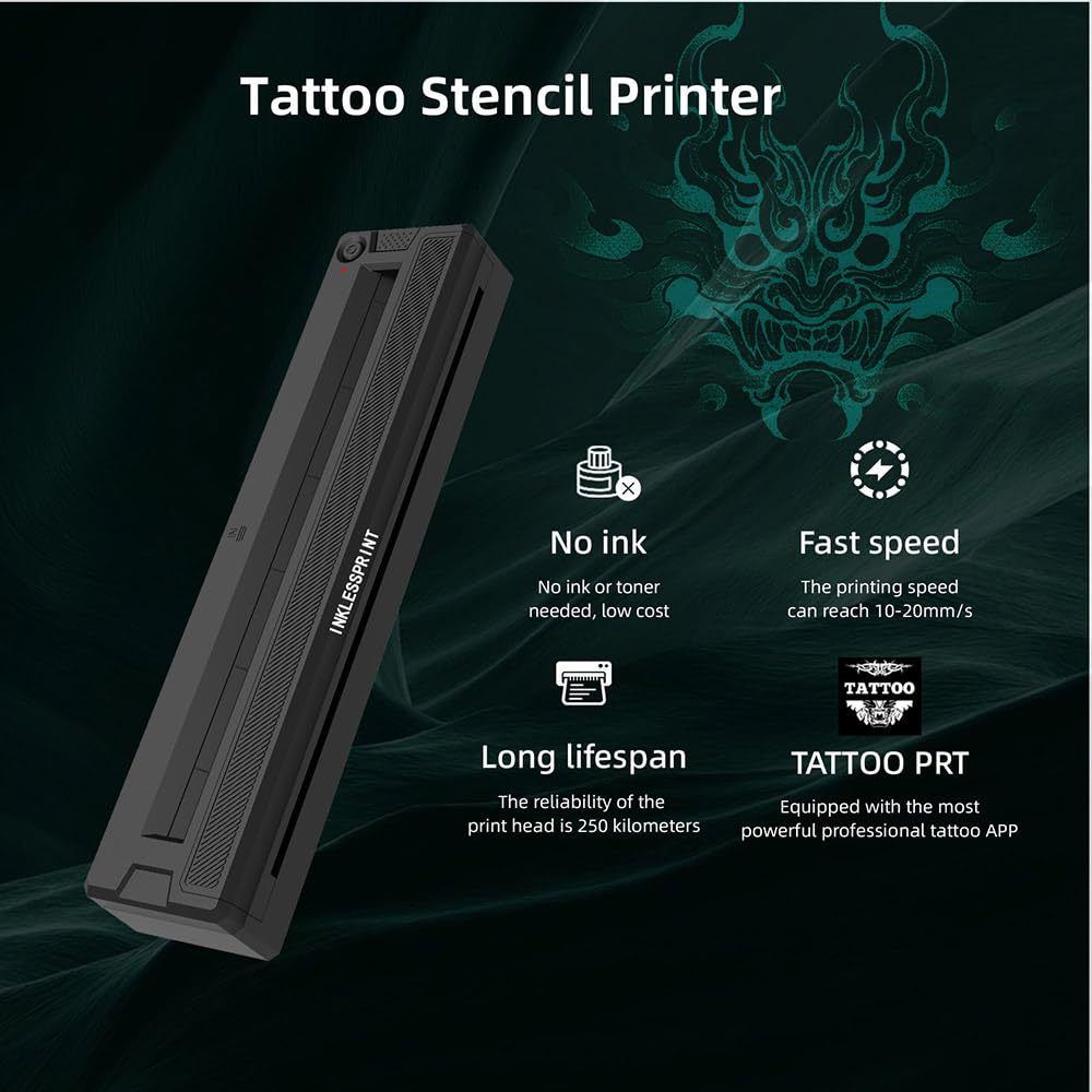 INKLESSPRINT Thermal Tattoo Stencil Printer Machine, Portable Wireless Tattoo Transfer Printer for Tattoo Artists & Enthusiasts, Support Mobile Phone & PC, with 10 Thermal Papers & 3 Transfer Papers