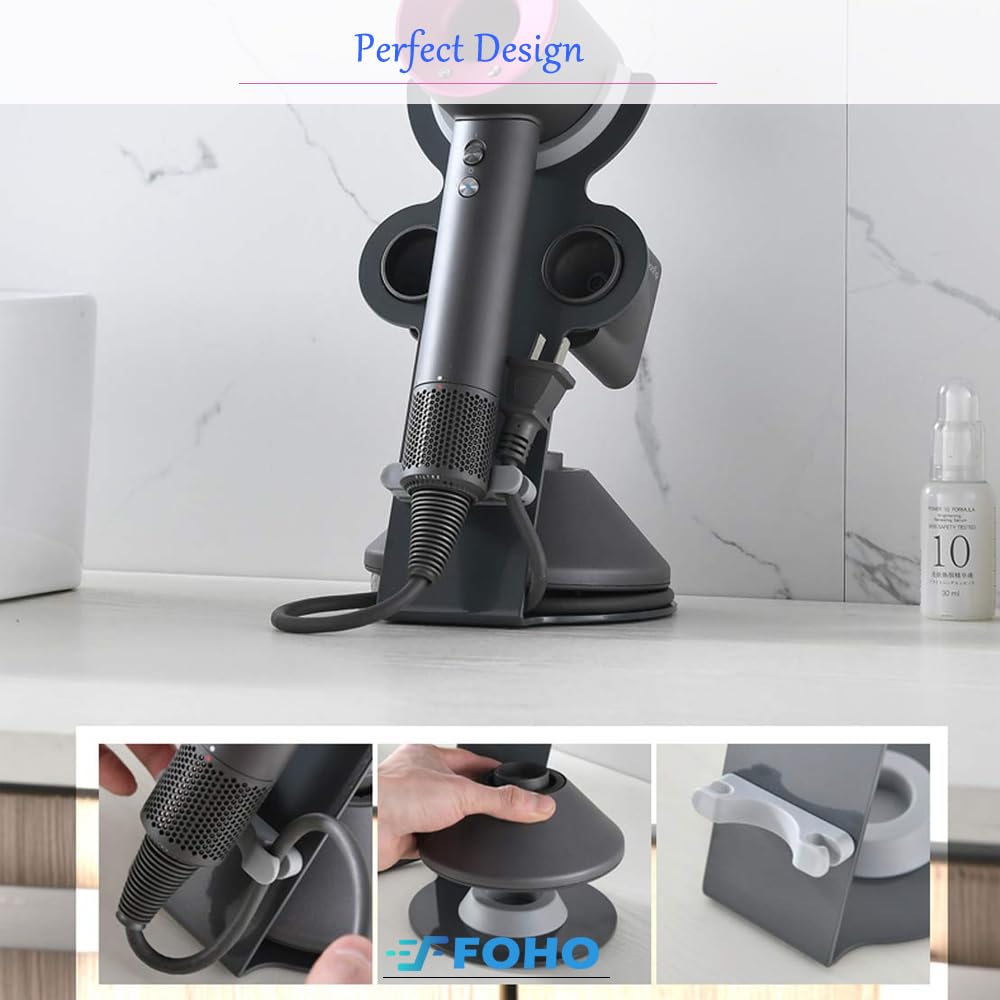 Hair Dryer Holder Compatible for Dyson Supersonic, Magnetic Stand Holder with Power Plug Cable Organizer, Aluminum Alloy Bracket, Bathroom Organizer Compatible for Dyson Supersonic Hair Dryer, Diffuser and Nozzles