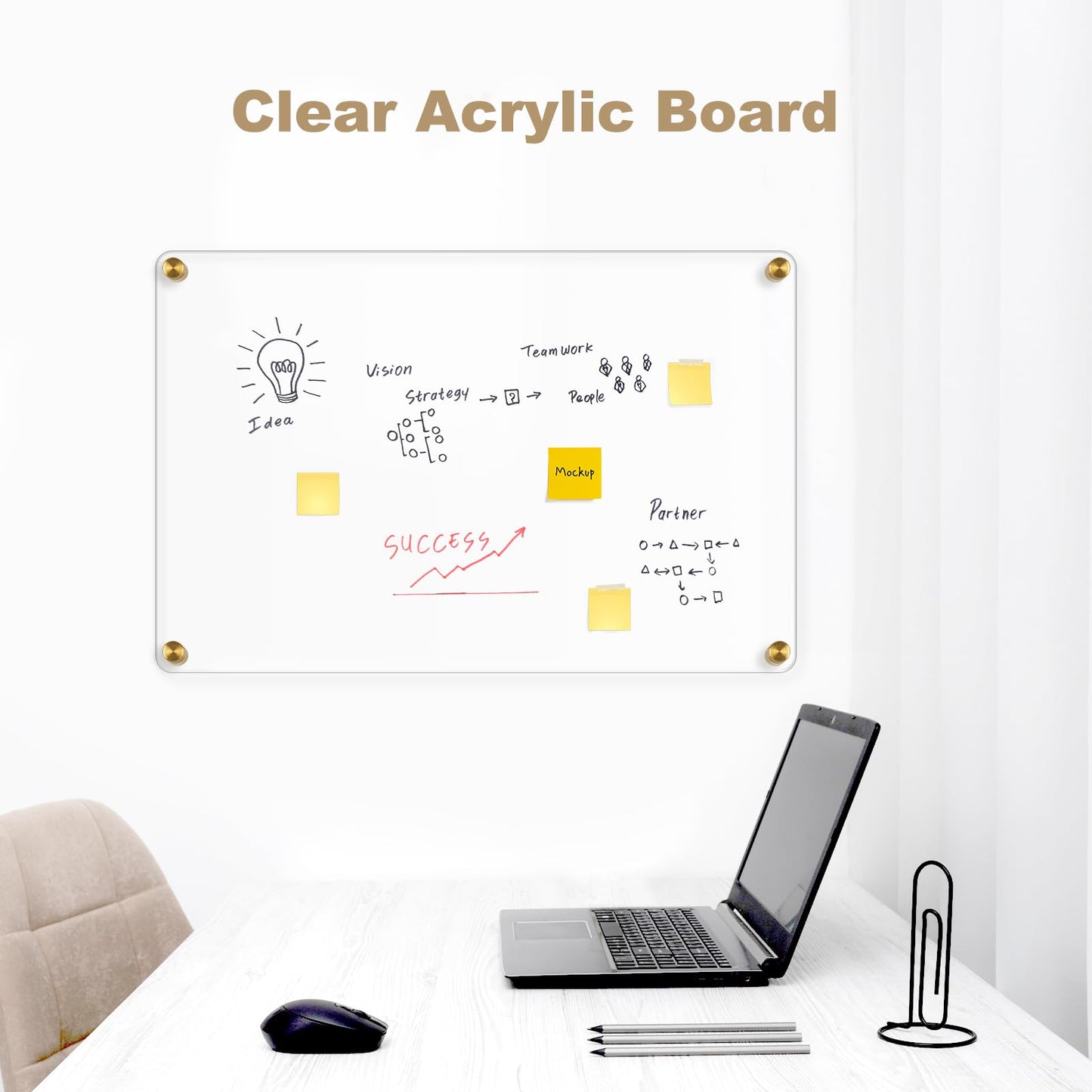 AMUSIGHT Large Clear Acrylic Dry Erase Board, 28" X 20" Golden Non-Magnetic Frameless Clear White Board for Wall, Erasable Acrylic Board for Wall, Home, Office, School, 2 Markers