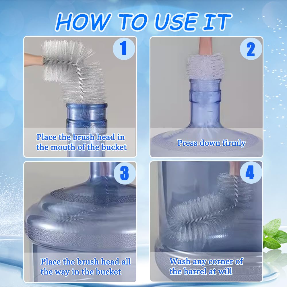 Bottle Brush, 3 Pack Long Handled Bucket Brushes with 1 Smaller Bendable Bottle Brush and 2 Water Jug Caps, Stiff Nylon Bristles, Suitable for Cleaning 1 to 5 Gallon Buckets, Glassware, Mugs