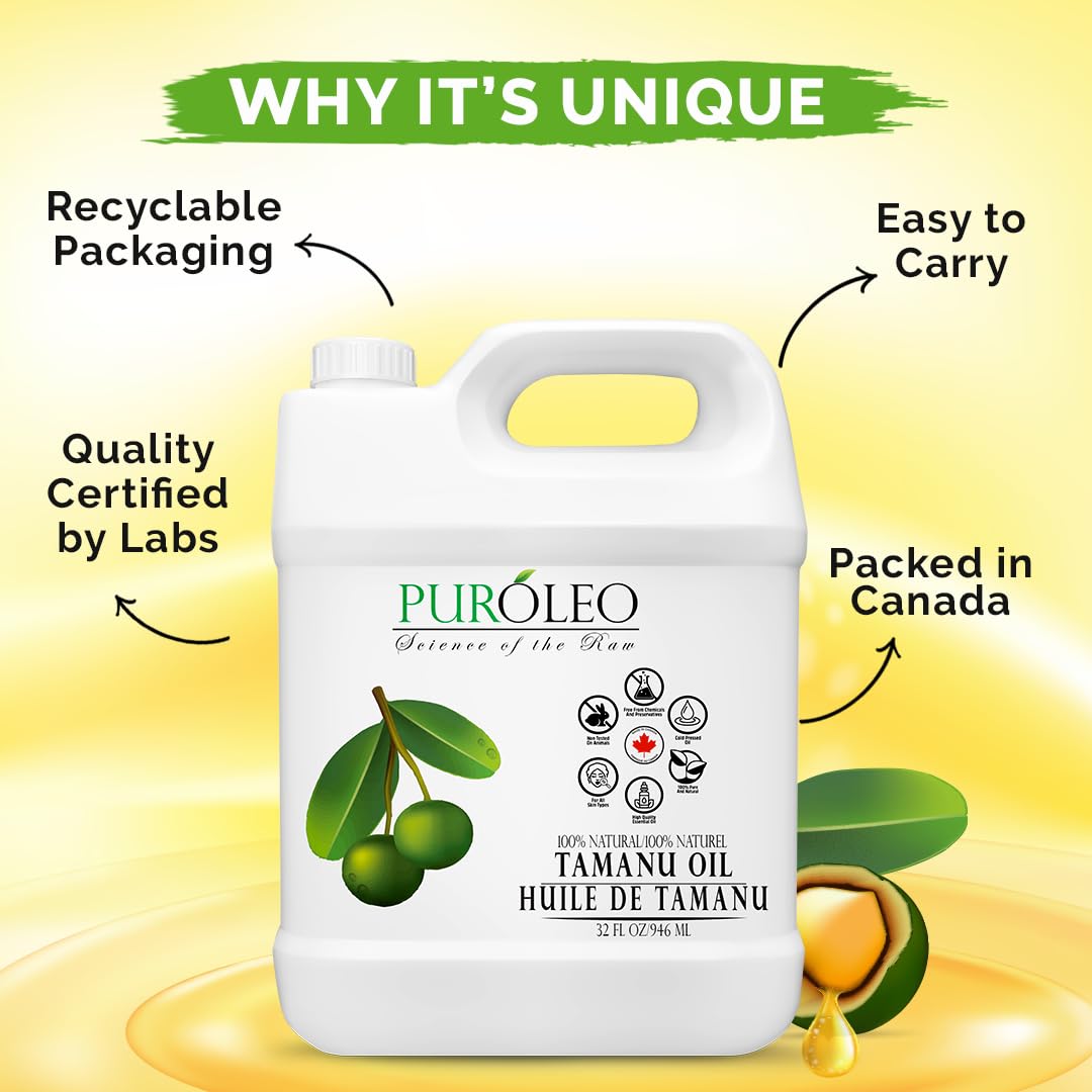 PUROLEO Tamanu Oil 32 Fl Oz/946 ML (Packed In Canada) 100% Pure Certified | Natural Cold Pressed Unrefined Oil for Hair & Face Premium packaging with Eye Dropper tamanu oil for face skin virgin