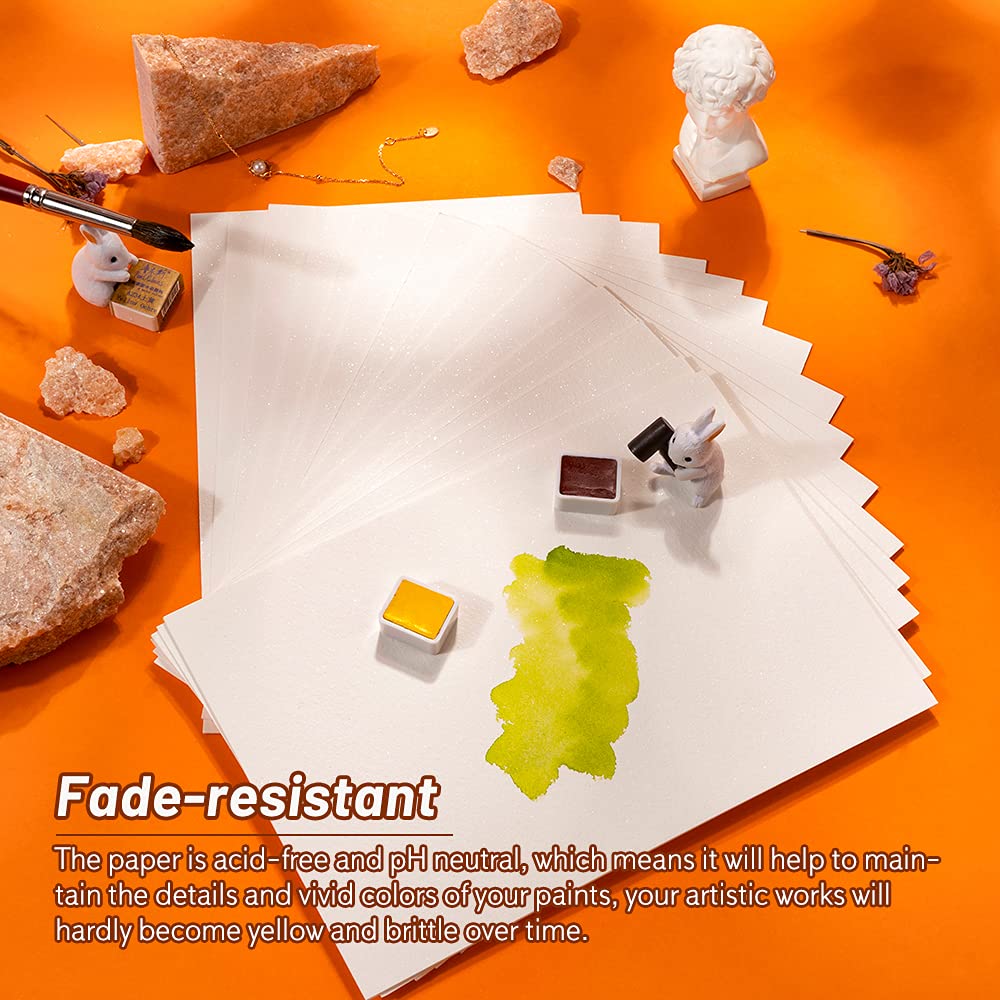 2 Pack of Paul Rubens Hand-made Watercolor Paper Cold Press, 100% Cotton Rag with Glitter Sparkling Effect, Acid-Free Paper 140lb/300gsm, 10.63“ x 7.67” for Wet & Dry Mixed Media, 20 Sheets * 2