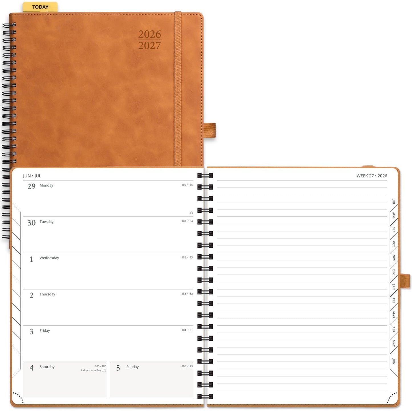 POPRUN Agenda 2026-2027 Weekly Planner Notebook (Large-8.5" x 10.5") Academic Calendar (JUL.26 - JUN.27) Appointment Book with Monthly Tabs, Inner Pocket, Spiral Soft Cover, 100 GSM - Brown