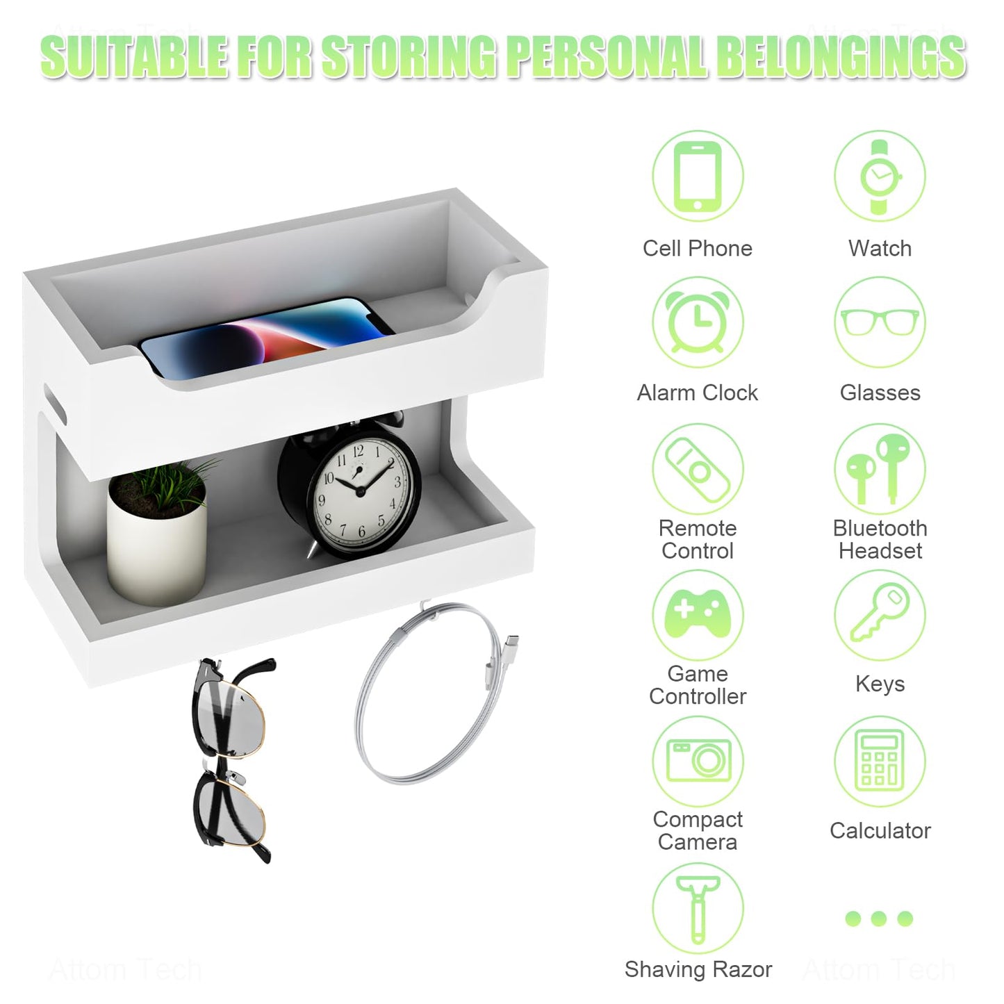 NiHome Wall Mounted Wooden Bedside Accessories Organizer, Double Tray Bedside Wall Storage Shelf Rack with Magnetic Hooks,Bedroom Dorm RV Wall Caddy Holder for Phone Glasses Alarm Clock Remote (White)