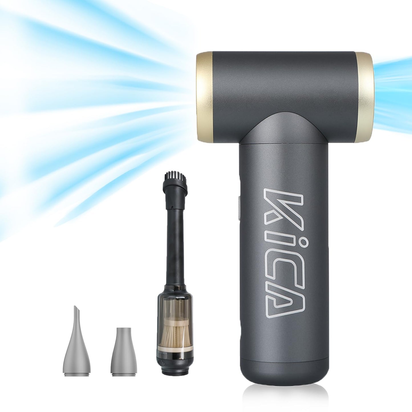 [Combo] KiCA Jetfan 2.0 Electric Air Duster+Vacuum Accessory for Computer/Keyboard/House Cleaning/Camera Lens/Camping/BBQ/Car/Barbershop,100000RPM,Two Nozzle/Long Battery,Air Can Substitute Tool-Grey