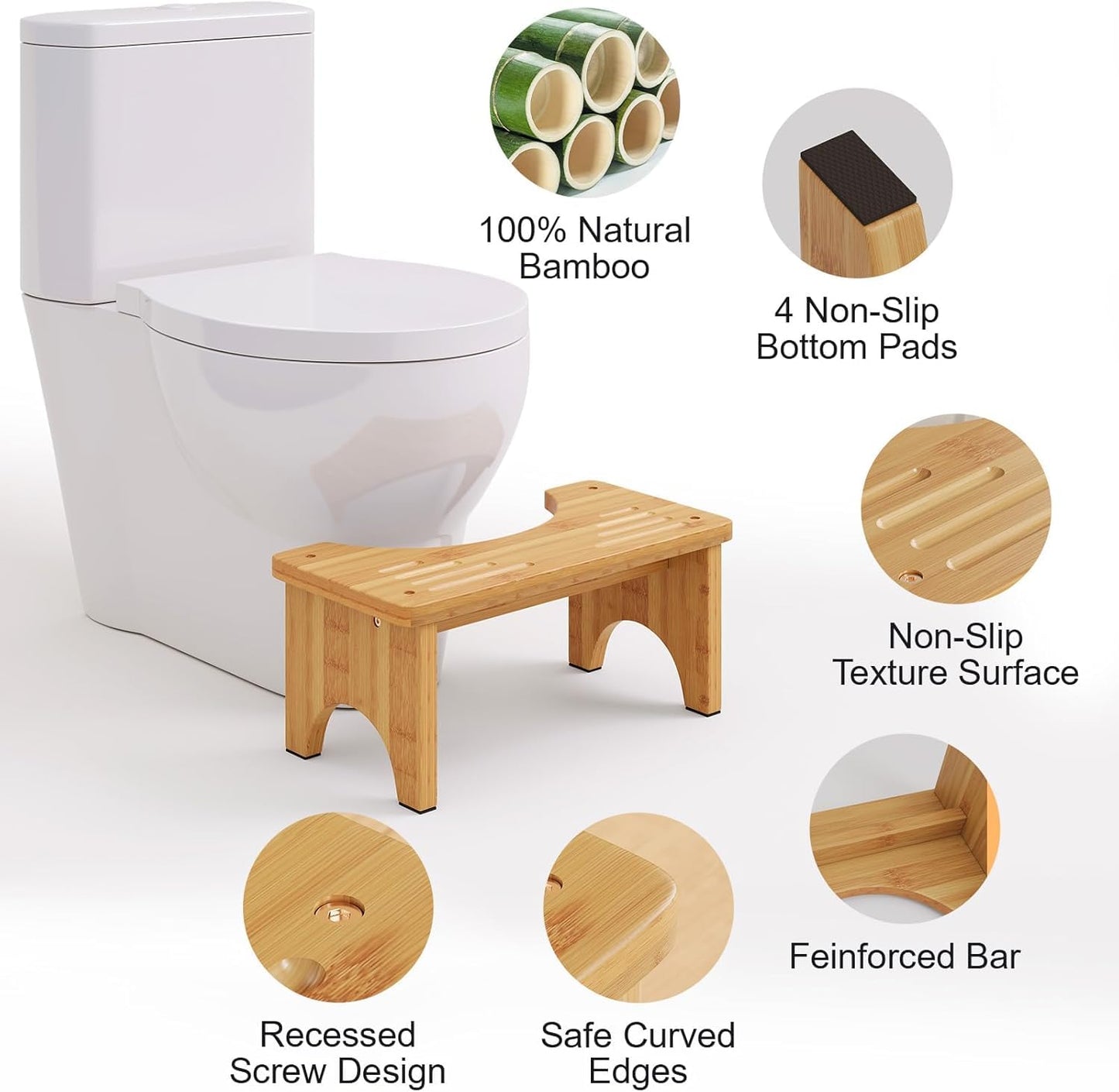 Foldable Bamboo Toilet Stool Squat Adult, Wooden Squatting Stool, 7 Inch Toilet Stool for Adults, Non‑Slip Wooden Poop Stool for Bathroom, Portable Foldable Toilet Foot Step, Suitable for All Ages