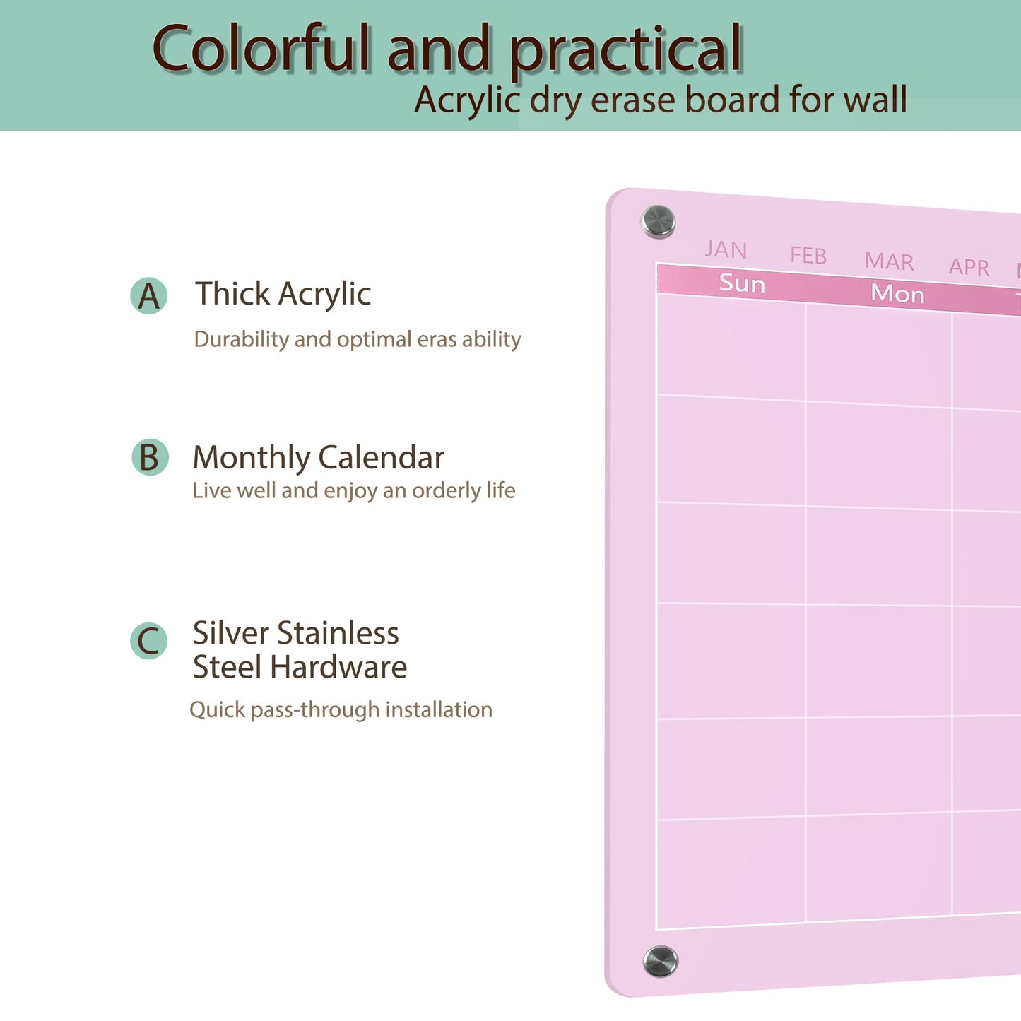 Marribol Acrylic Calendar for Wall,30x40cm,Acrylic Monthly Calendar for Wall,Pink Dry Erase Board for Home Office School