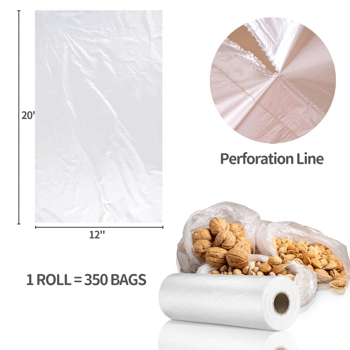 PAPRMA 12” x 20” Plastic Produce Bags 2 Rolls, Clear Food Storage Bags 350pcs on a Roll, Clear Produce Bags for Food Vegetable Bread Fruit Meat
