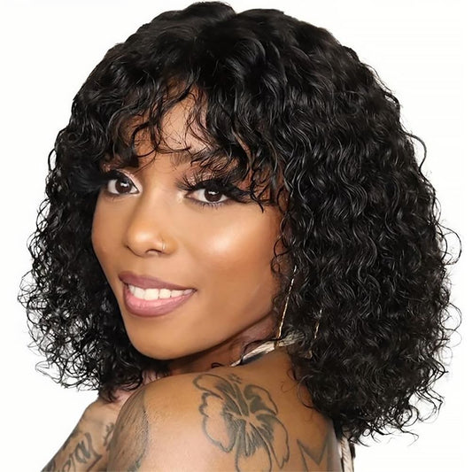 ALISFEEL Short Water Wave Human Hair Wig with Bangs Brazilian Non Lace Front Wig Human Hair for Black Women 150% Density Natural Black Glueless Curly Bob Wigs with Bangs (12 Inch)