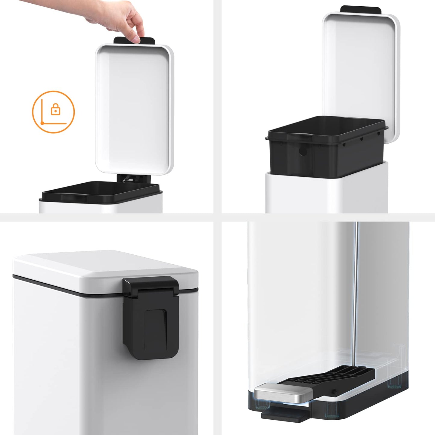 Mbillion Step Trash Can 10 Liter 2.6 Gallon Slim Design Step-On Trash Can with Strong Pedal, Stainless Steel Rectangular Garbage Can, White (MB 8877)