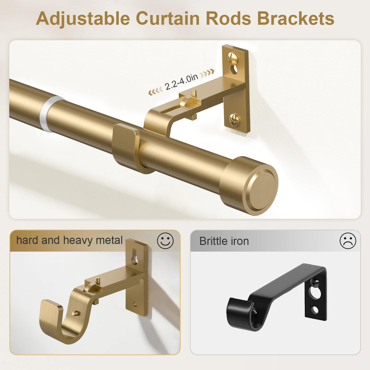 JRZOO Warm Gold Curtain Rod 36-144 Inches Adjustable, 1" Diameter Heavy Duty Window Rod with Alloy Metal Finials & New Heavy Duty Brackets for Bedroom Living Room Kitchen