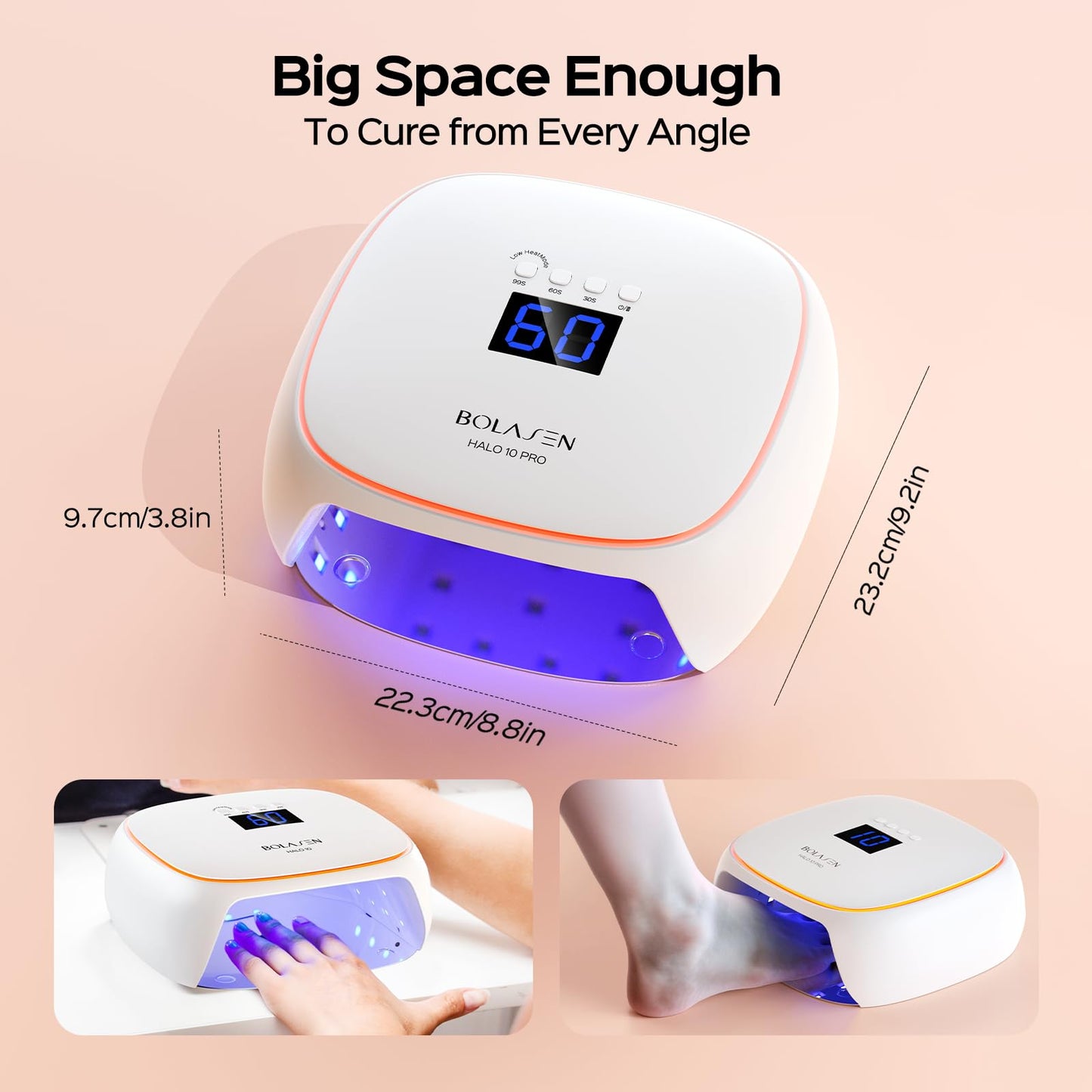BOLASEN Cordless Rechargeable UV LED Nail Lamp, 60W Gel Nail Light with Ceramic Technology, Portable Wireless LED Nail Dryer with Metal Base, Professional Curing Lamp with Atmosphere Light, HALO 10PRO