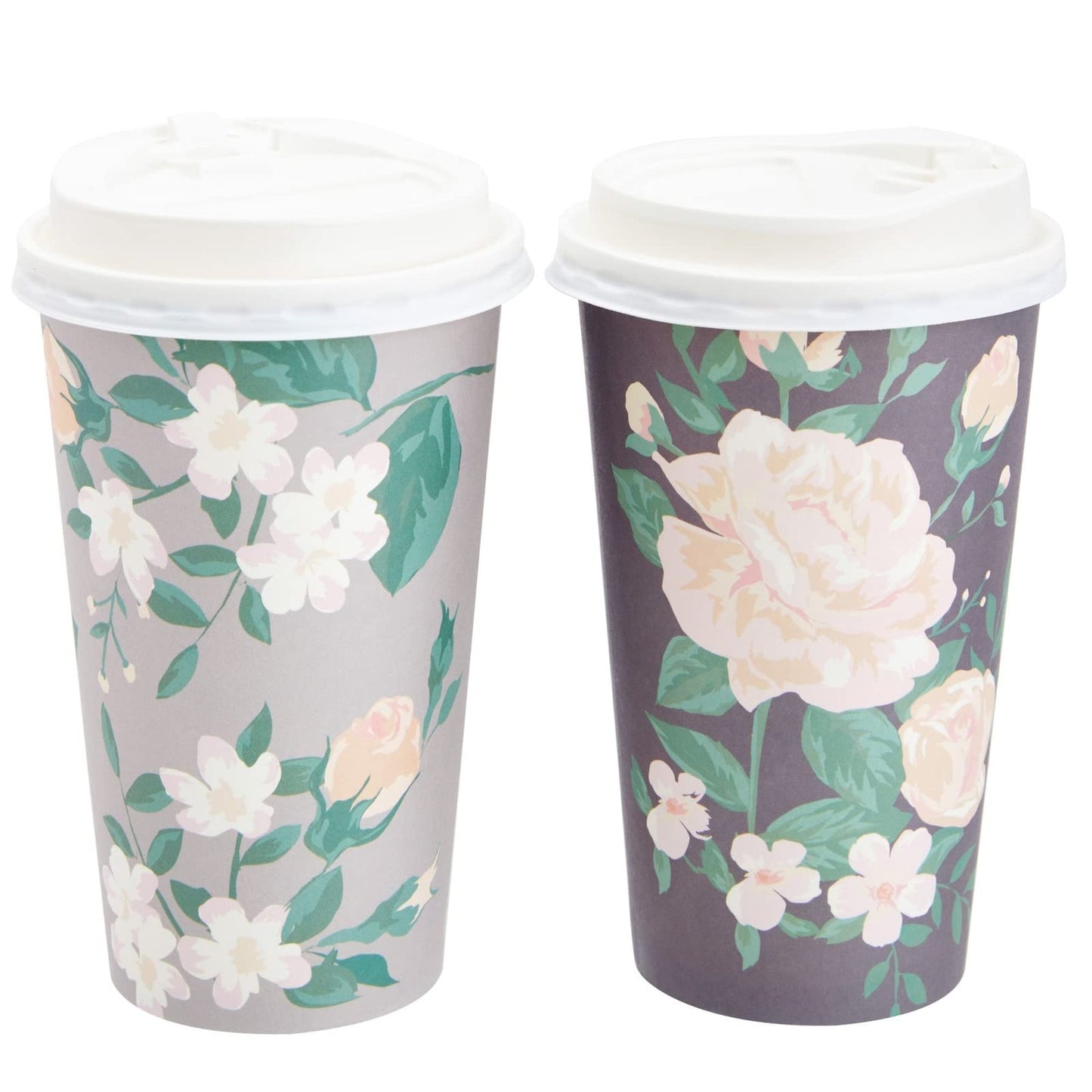 48-Pack Disposable Floral Paper Coffee Cups with Lids 16 oz, to Go Coffee Cups for Flower-Themed Birthday Party Supplies, Wedding Reception, Baby Shower (4 Pastel Colors)