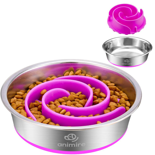 2-in-1 Metal Dog Bowl with Slow Feeder Insert, Stainless Steel Dog Bowls Food Grade 304, Water Food Bowl with Anti-Slip Silicone Base for Small, Medium, Large Dogs