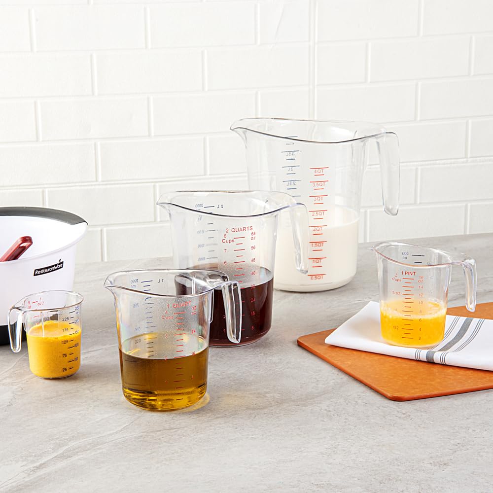 Restaurantware-Chef 101 1 Quart Measuring Jars, 10 Durable Measuring Beakers - Metric and Imperial Units, V-Shaped Spout, Clear Plastic Cups, Handle with Thumb-Grip, Tolerates Up to 248F