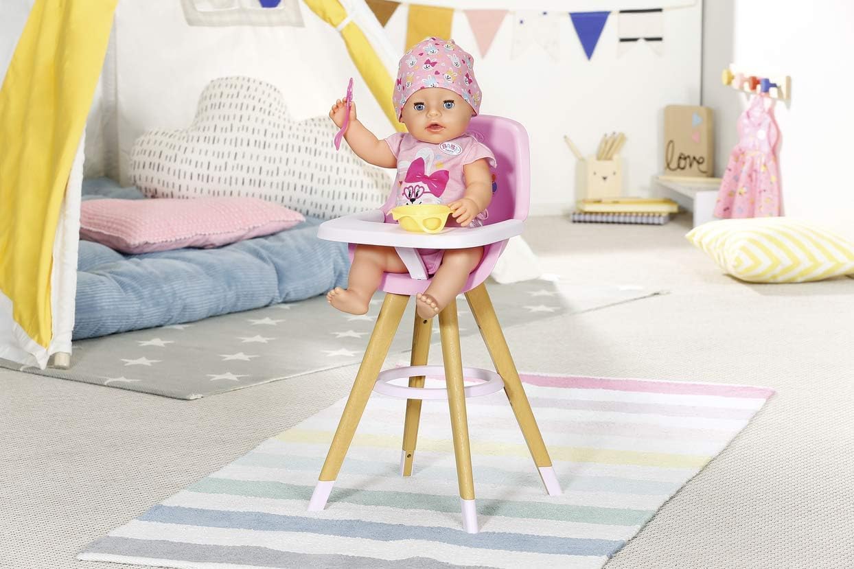 Baby Born High Chair – Doll Feeding Chair with Scandinavian Design – Wood-Look Legs & Pink Seat – Fits Baby Born & Other Dolls – Ages 3+