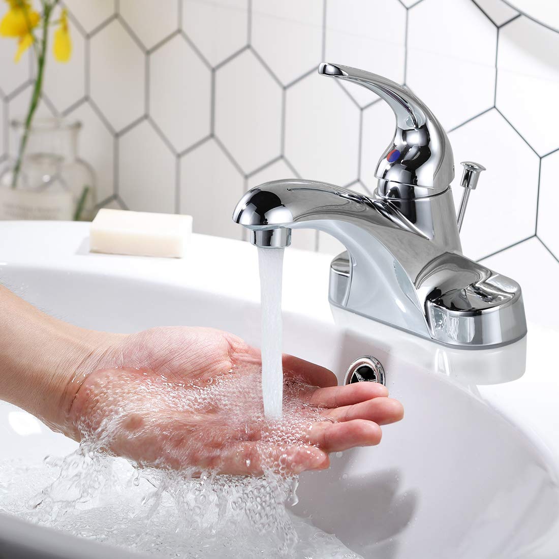 WOWOW Bathroom Faucet 1 Handle Low Arc Lead Free Single Handle 4 inch Centerset Bathroom Sink Faucet with Pop Up Drain Assembly Basin Mixer Tap Chrome Vanity Faucet