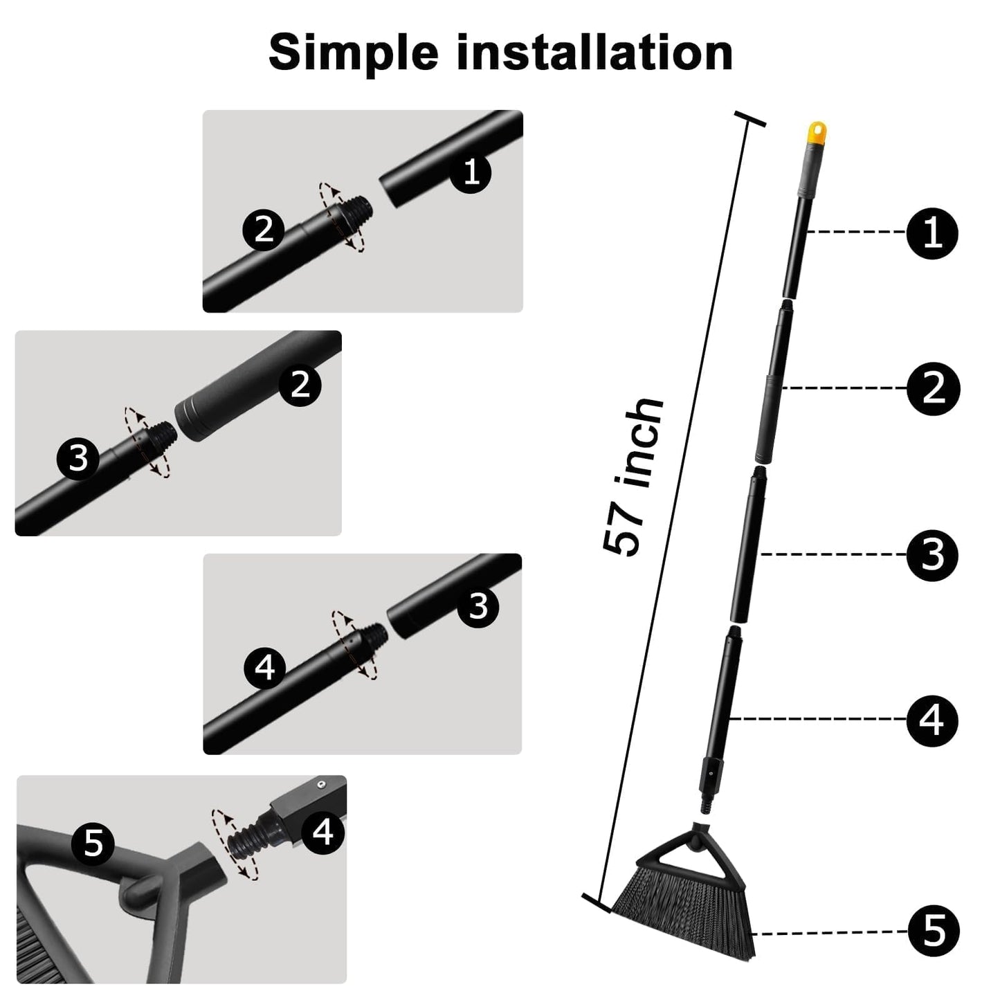 2PCS Heavy Duty Broom, Brooms for Sweeeping Indoor, Angle Broom with Long Pole, Outdoor Broom for Courtyard Garages Slidewalk, Indoor Broom for Kitchen Lobby Canteen, Black (2Black)