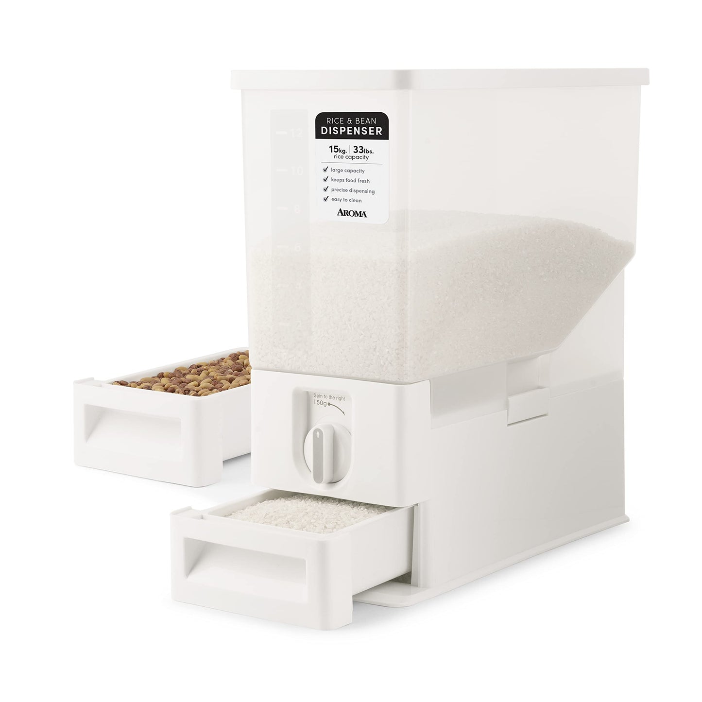 Aroma Housewares 33 lbs Rice & Bean Dispenser, Dry Food Storage Bin (ARD-133), White
