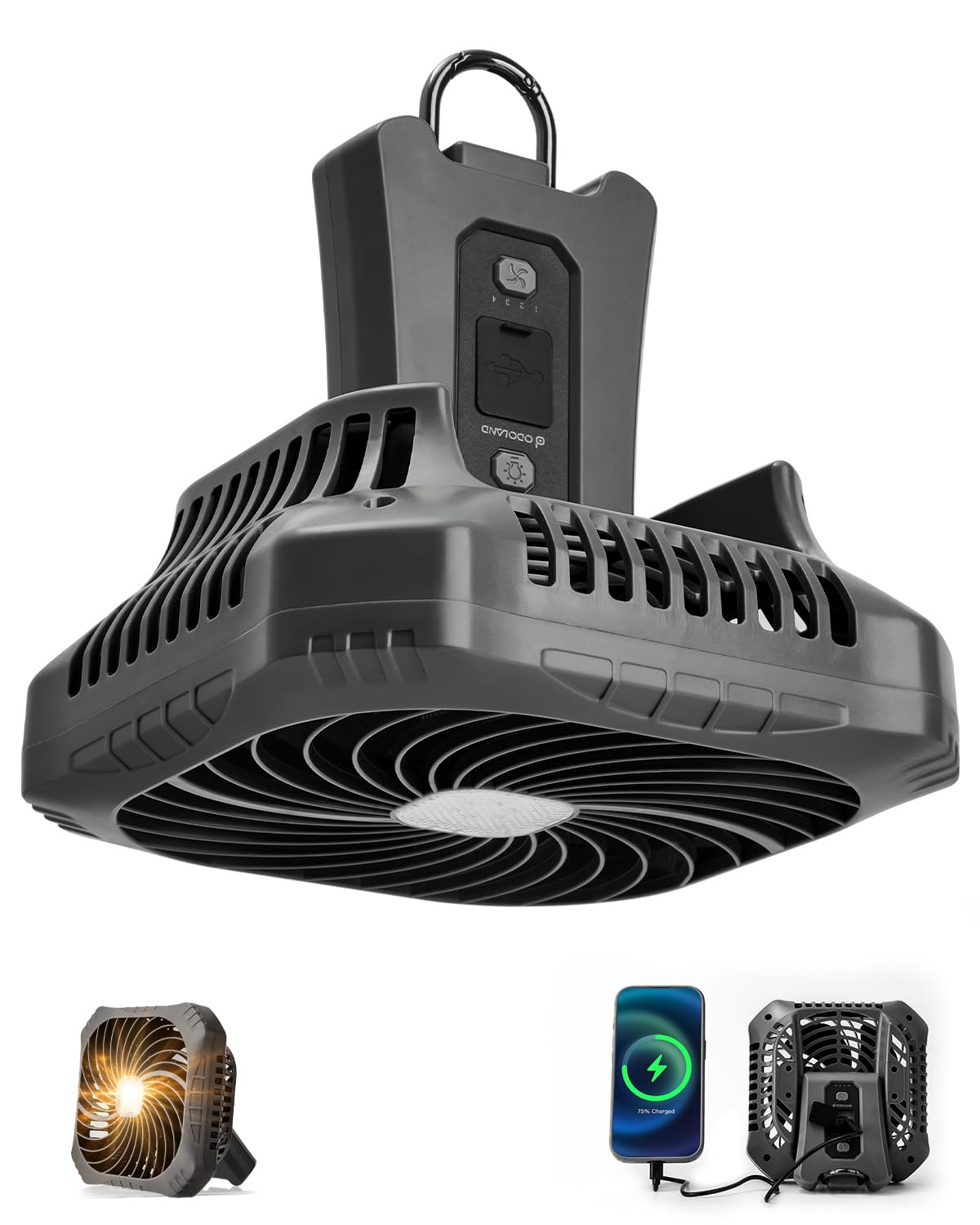 Odoland Portable Tent Fan with LED Lights - Rechargeable Camping Fan with 4 Speed Settings and 3 Light Modes for Hurricane Emergency Outages Camping, RV, Road Trips,Black