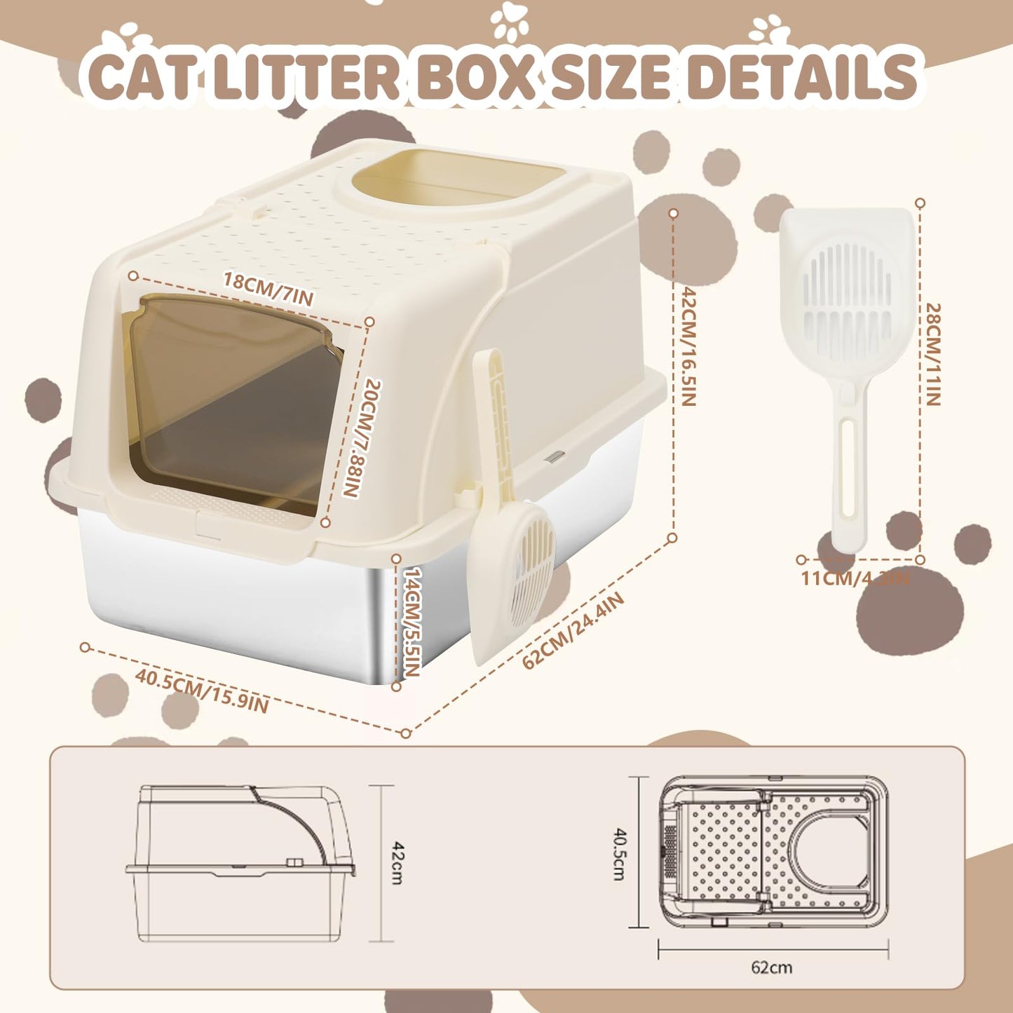 Stainless Steel Cat Litter Box with Lid, XXL Large Enclosed High Sided Litter Box with Removable Lid, Easy Cleaning, Anti-Urine Leakage for Big Cats White