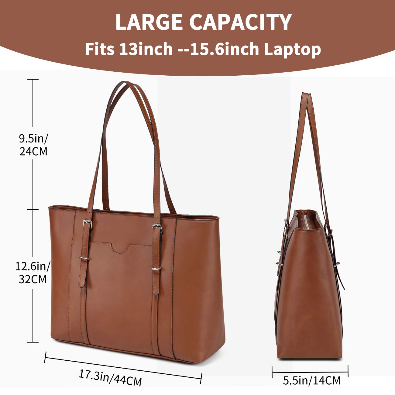 Laptop Tote Bag for Women, VASCHY PU Leather Water Resistant 15.6 inch Satchel, Large Teacher Shoulder Bag for Travel, Work Brown