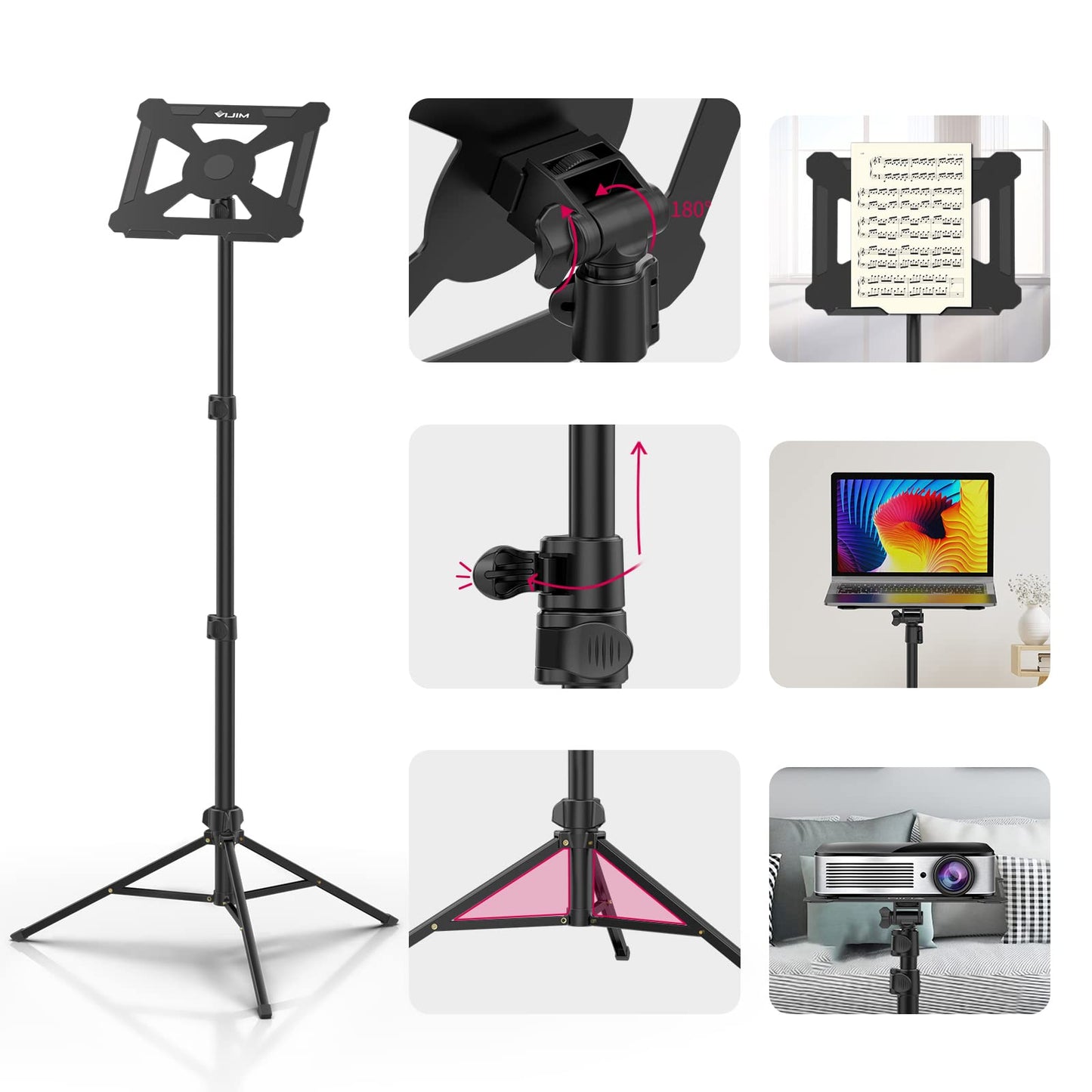 VIJIM LT01 Sheet Music Stand, Desktop Metal Sturdy Music Sheet Projector Stand, Laptop Bible Book Tablet Stand Holder 360° Horizontally Adjustment for Guitar, Ukulele, Violin Players