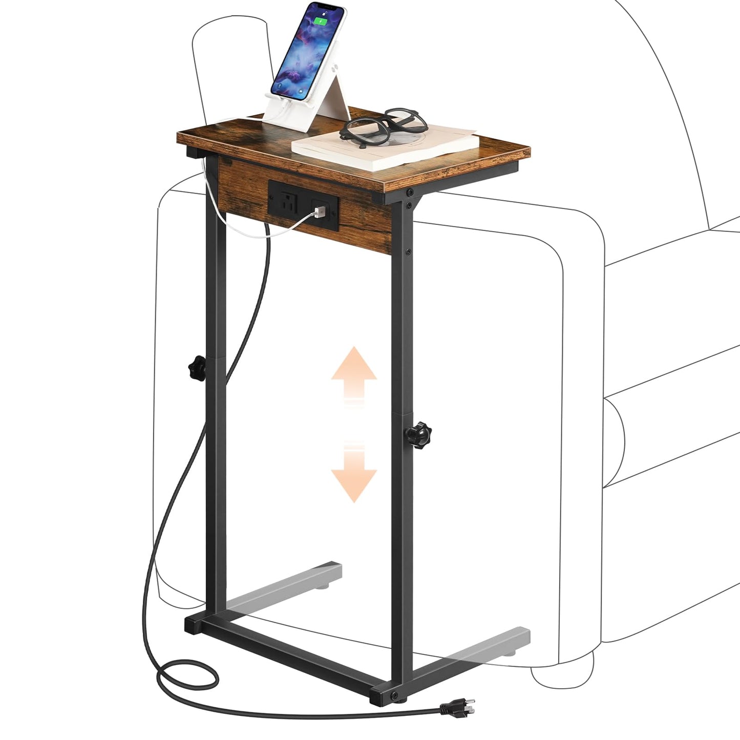 HOOBRO C-Shaped End Table with Charging Station, Adjustable Height Couch Table for Sofa Arm, Slide Under Small Tray Side Table for Small Space in Living Room, Bedroom, Rustic Brown BF71USF01
