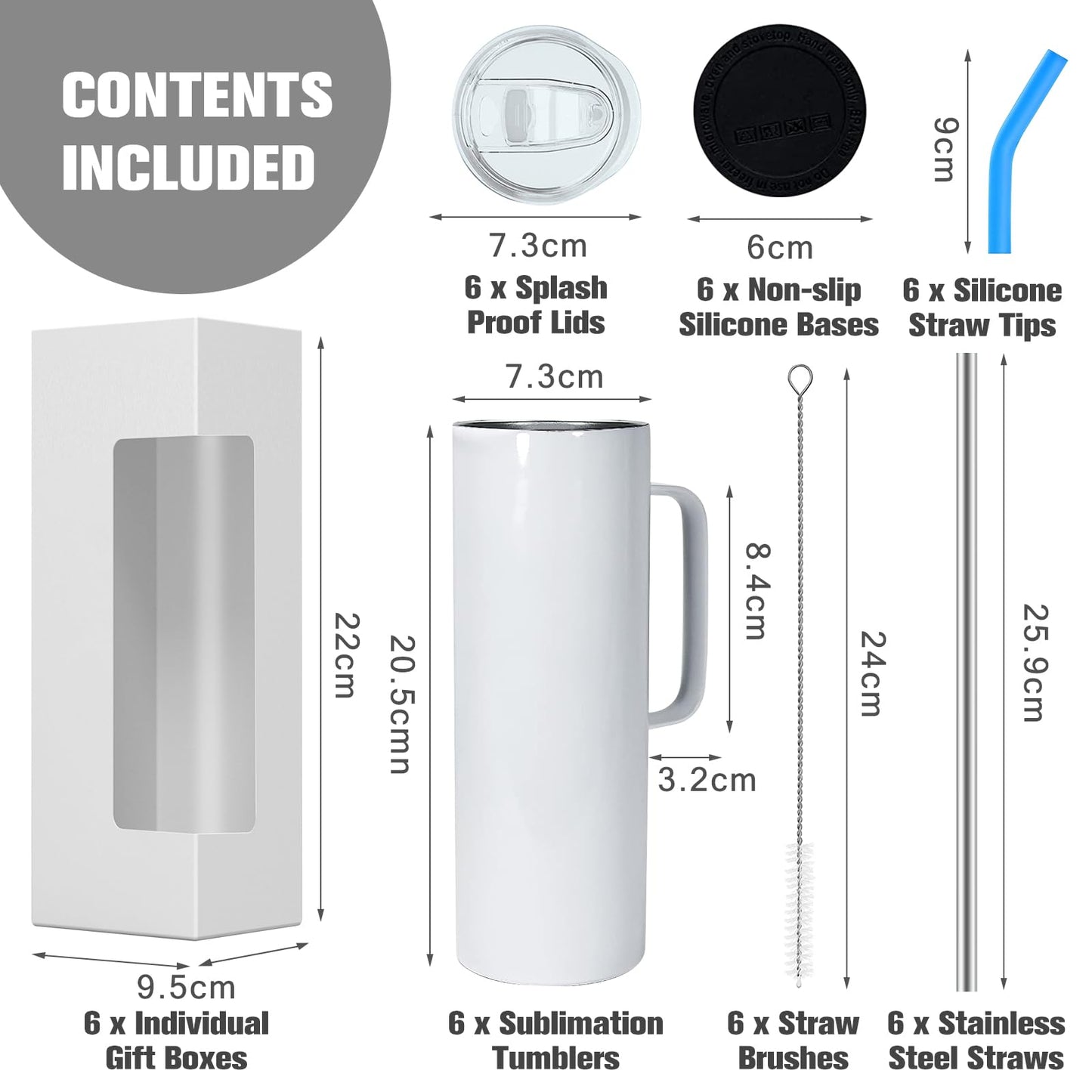 BetterSub 6 Pack 20oz Sublimation Tumblers with Handle – Double Wall Vacuum Insulated Stainless Steel Skinny Mugs, Lid & Straw Included, DIY Blank for Hot/Cold Drinks (6Packs 20oz)