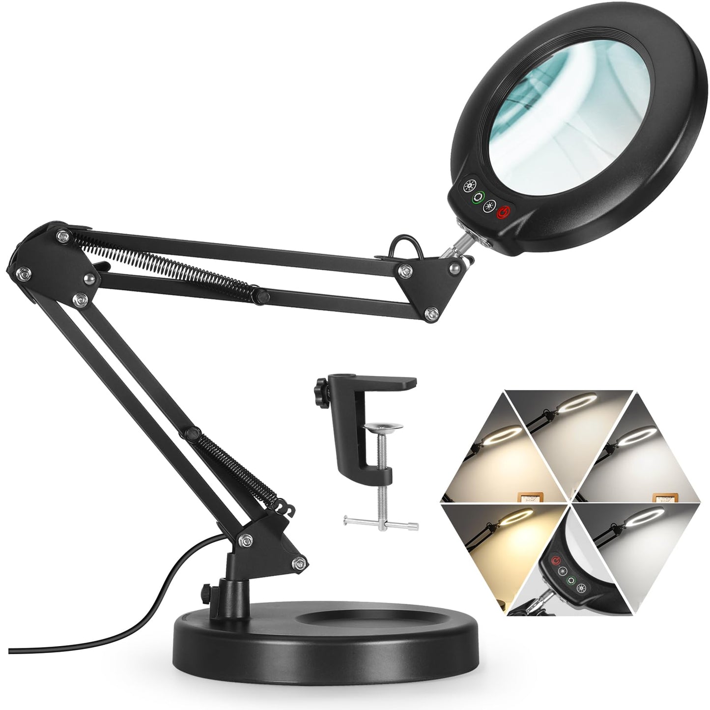 Veemagni 12X Magnifying Glass with Light, 5 Color Modes Stepless Dimmable 2-in-1 Desk Lamp and Clamp, LED Lighted Magnifier with Light and Stand, Hands Free for Craft Repair Hobby Painting Close Work