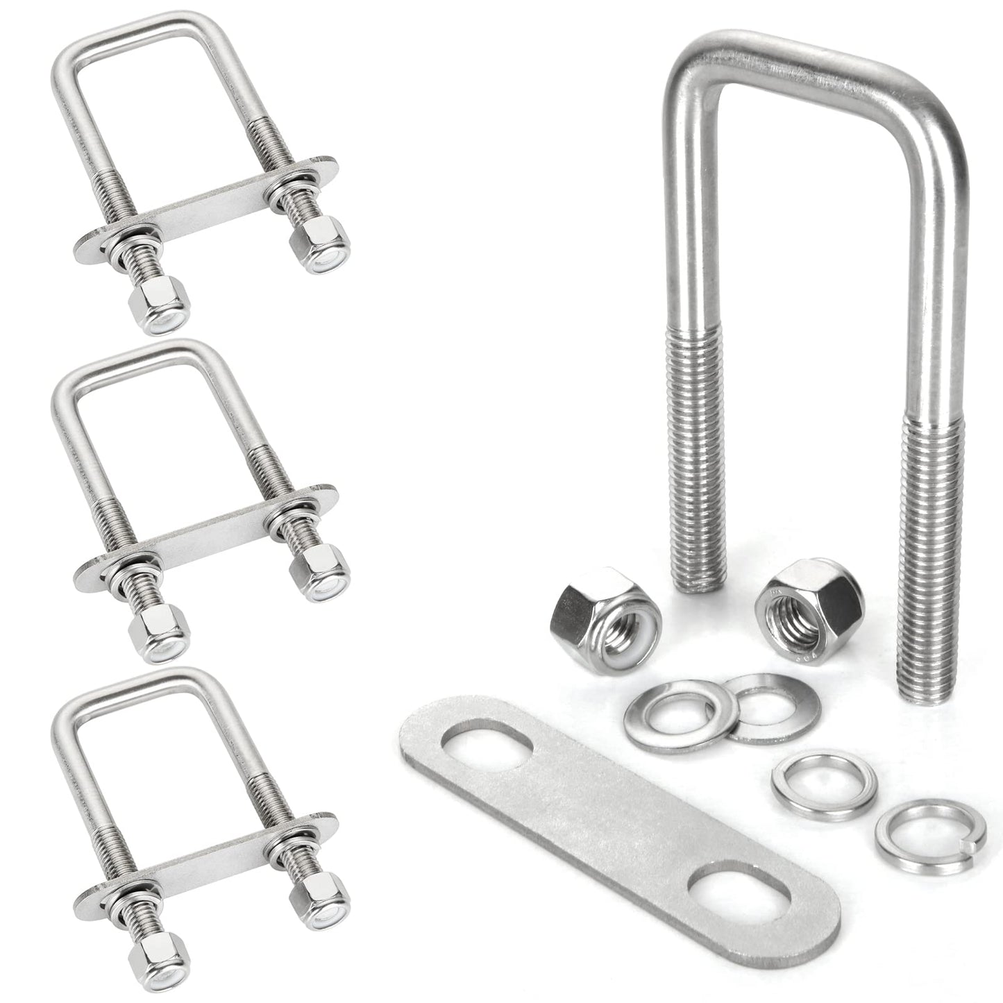 YOUNTHYE 4Pack Square U-Bolts 2-1/2" Inner Width Stainless Steel U Bolts with Washers and Nuts, Replacement Parts and Accessories for Automobiles, Ski Boat, or Sailboat Trailer