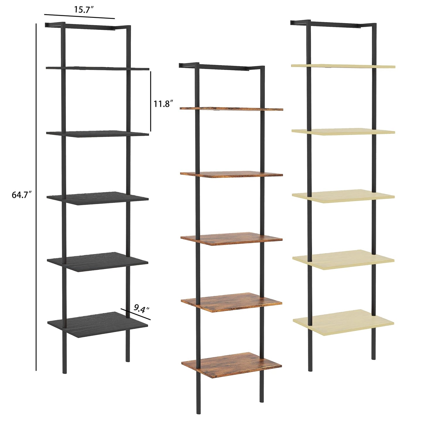 POBOMULI 5-Tier Ladder Shelf, Wall Mounted Ladder Bookshelf with Metal Frame, Wood Tall Open Storage Rack and Display Shelves for Home Office Bedroom Living Room, Black