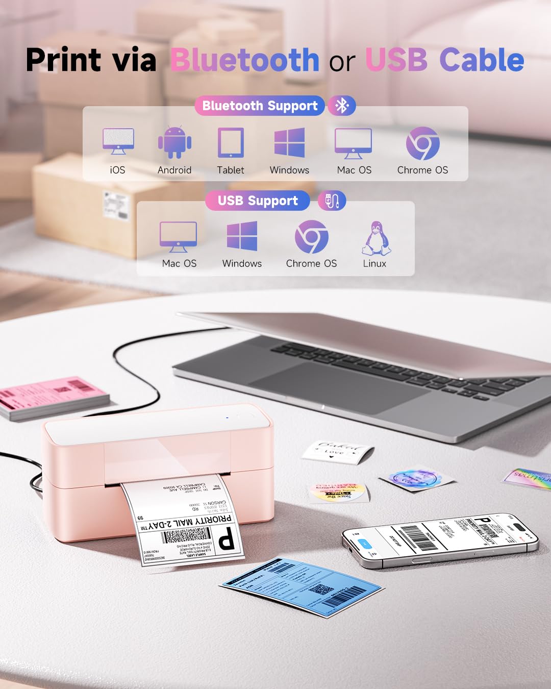 Bluetooth Thermal Label Printer Pink, Wireless Shipping Label Printer 4x6 for Small Business & Shipping Package, Desktop Label Printer, Compatible with macOS, Canada Post, Amazon, Shopify, Etsy