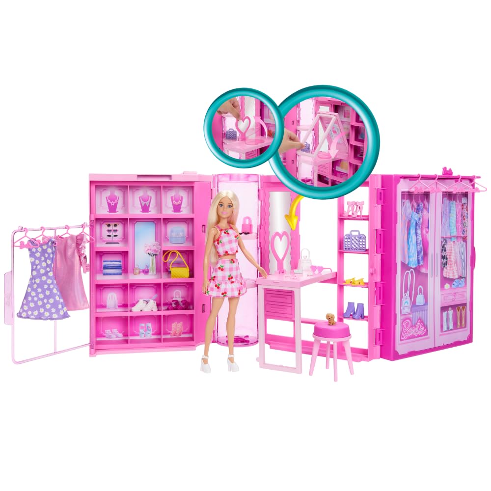 Barbie Dream Closet Toy Playset with Blonde Fashion Doll, Clothes & Accessories, 3-ft-Wide with 25+ Pieces, 3 Complete Looks