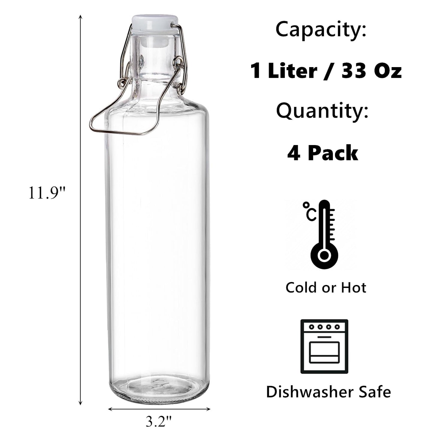 Cididu 4 Pack 33Oz Flip Top Bottles, 1L Airtight Swing Top Glass Bottle with Handle for Beer, Home Brewing, Kombucha, Juice, Carbonated Drink, Vinegar, Oil, Mead, Leakproof, Dishwasher Safe