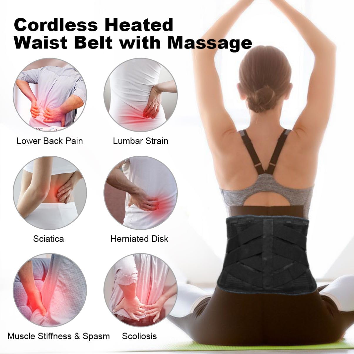 6xigouma Heating Pad Back Massager Brace for Lower Back Pain Relief, Cordless Heated Back Brace Vibration Wrap with Rechargeable Battery, Warmer Lumbar Support Belt with Massage for Cramps, L